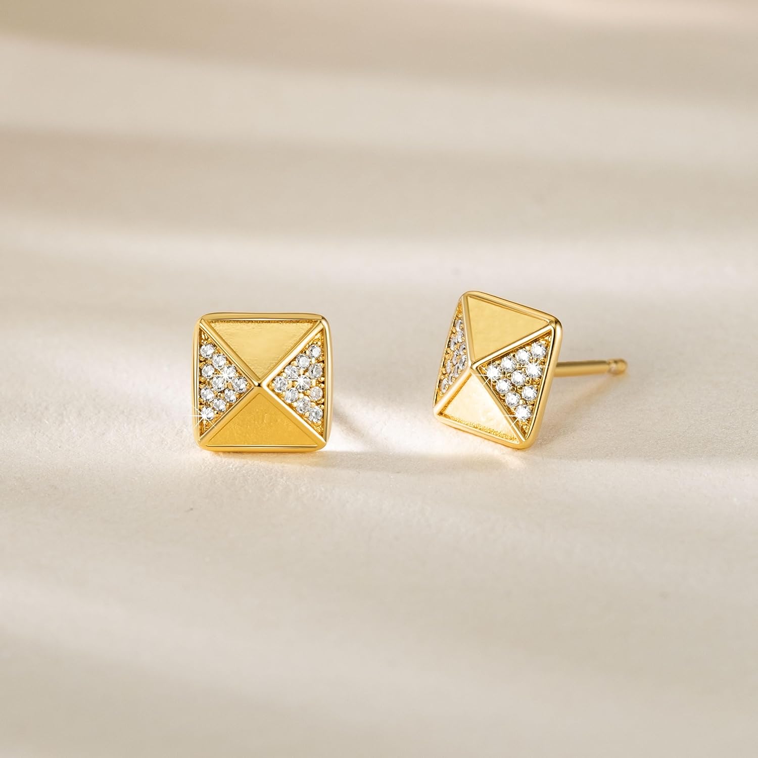 Eloqueen Gold Stud Earrings for Women 14K Gold Earrings for Womens Stud with Cubic Zirconia Chic Square Pyramid Earrings Studs for Womens Trendy - Image 5