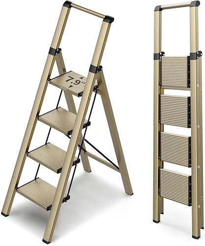 WOA WOA Escalera de 4 escalones para techo de 10 pies de alto, escalera plegable ligera con pedales anchos antideslizantes, taburete con barandilla