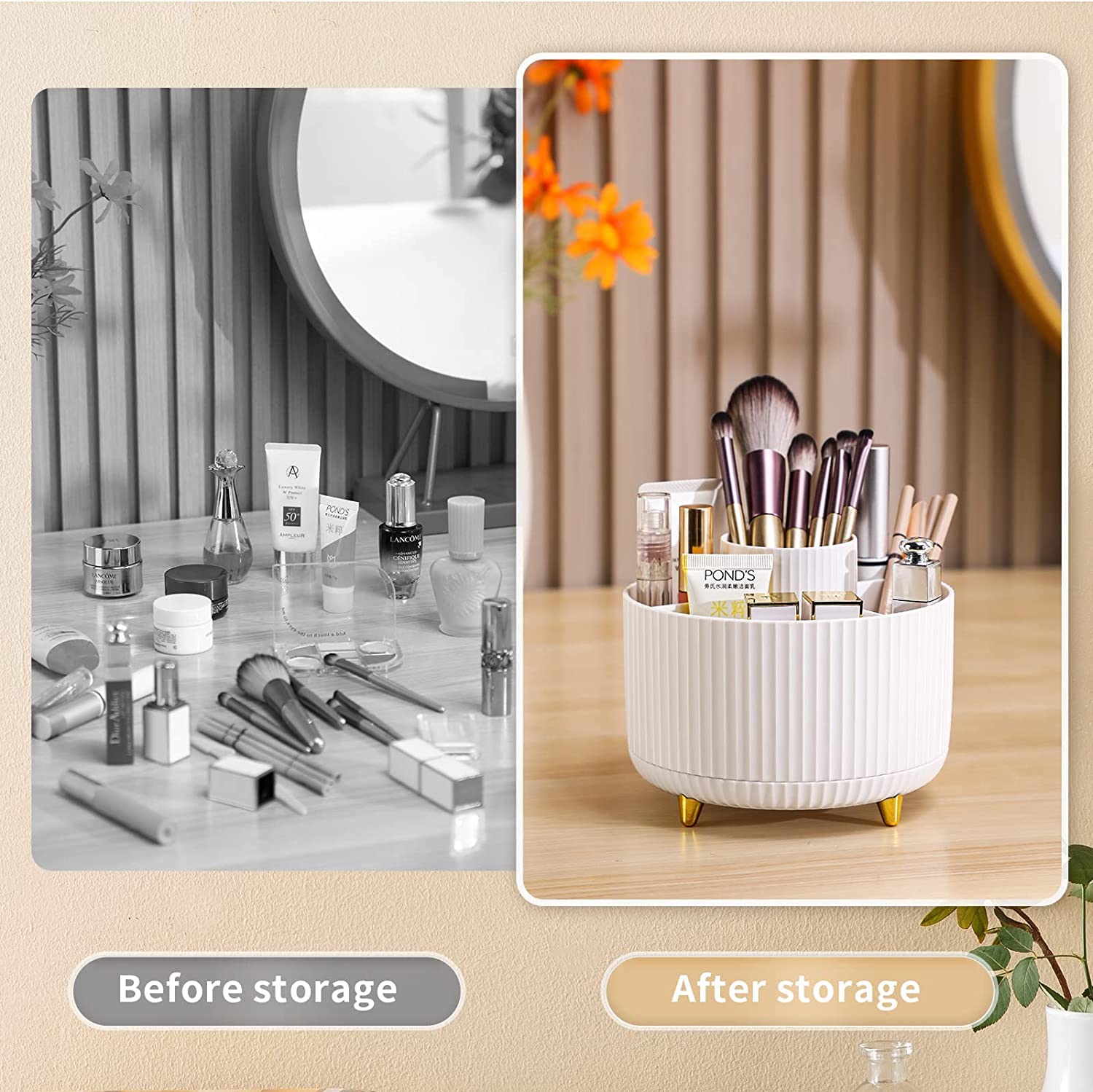 Miiepls Porta Trucchi Organizer,Organizzatore di Trucco Girevole a 360°,Organizzatore Organizer 5 Griglie, Trucchi Multifunzione per toeletta bagno camera da letto - Bianco