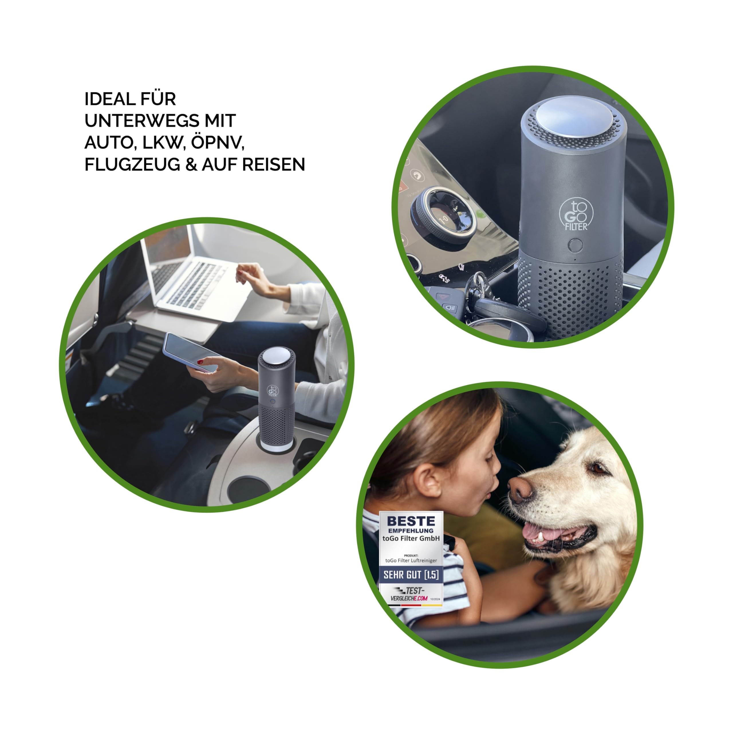 toGo Filter tragbarer Luftreiniger mit Akku | HEPA 13 und Aktivkohle Filter für saubere Luft im Atemumfeld | Luftfilter klein für Tisch Auto Flugzeug Arbeit (schwarz)
