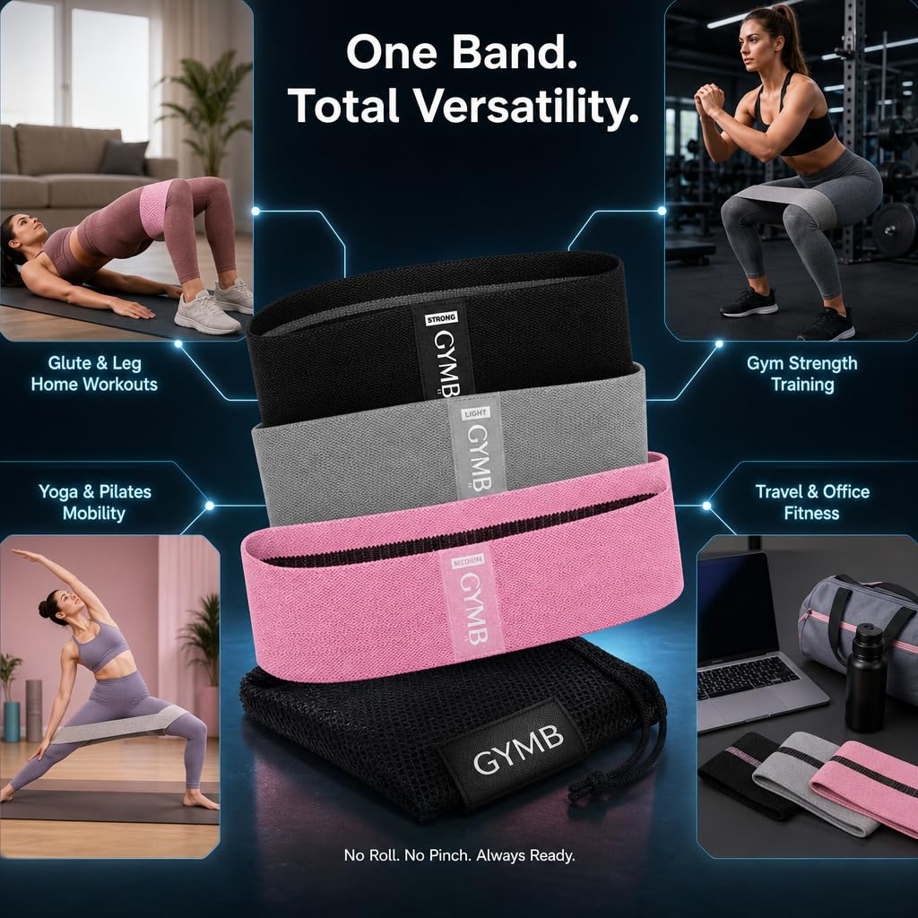 Gymb - Bandas de resistencia prémium para entrenar, bandas de ejercicio para entrenar glúteos, muslos y piernas, bandas de tela antideslizante para gimnasio y fitness en casa, yoga, fuerza y pilates