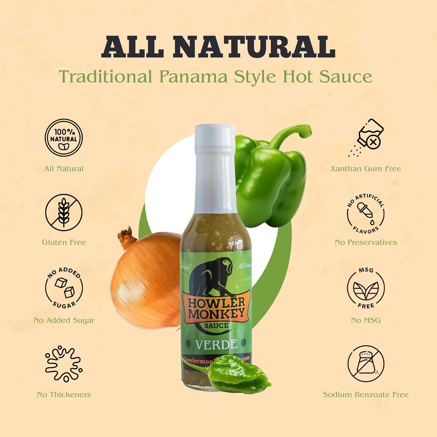 Howler Monkey Sauce Verde - Aji Chombo-Inspired Hot Sauce - Gluten-Free, No Carbs, Low Sodium - Panamanian-Style - 5 oz (4-Pack)