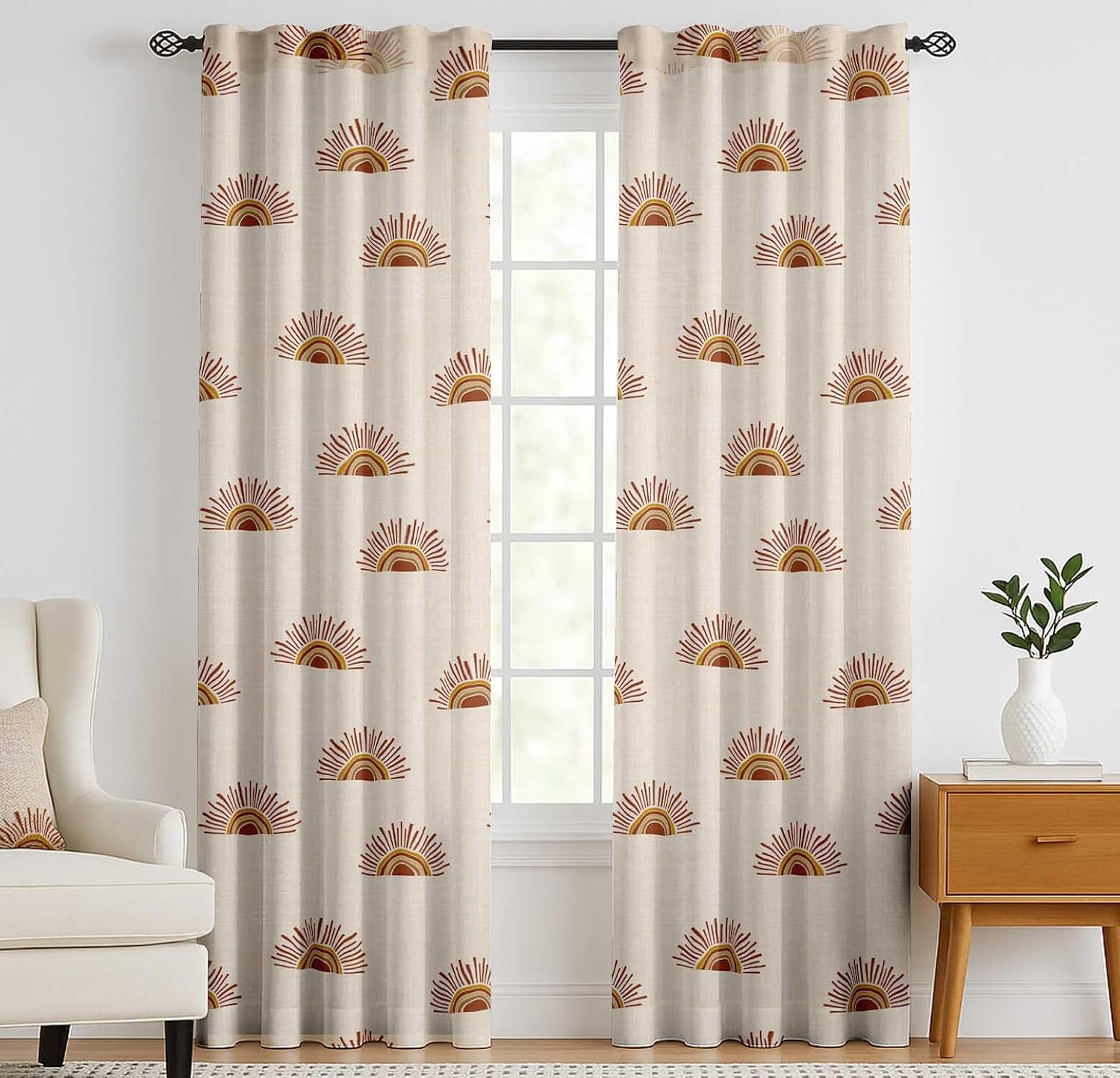 Cotton Curtains for Windows - 3-in-1 Rod Pocket/Back Tab Short Window Drapes - Light Filtering Cotton Canvas Panels - Set of 2, 52"x63" - Boho Print (Beige)