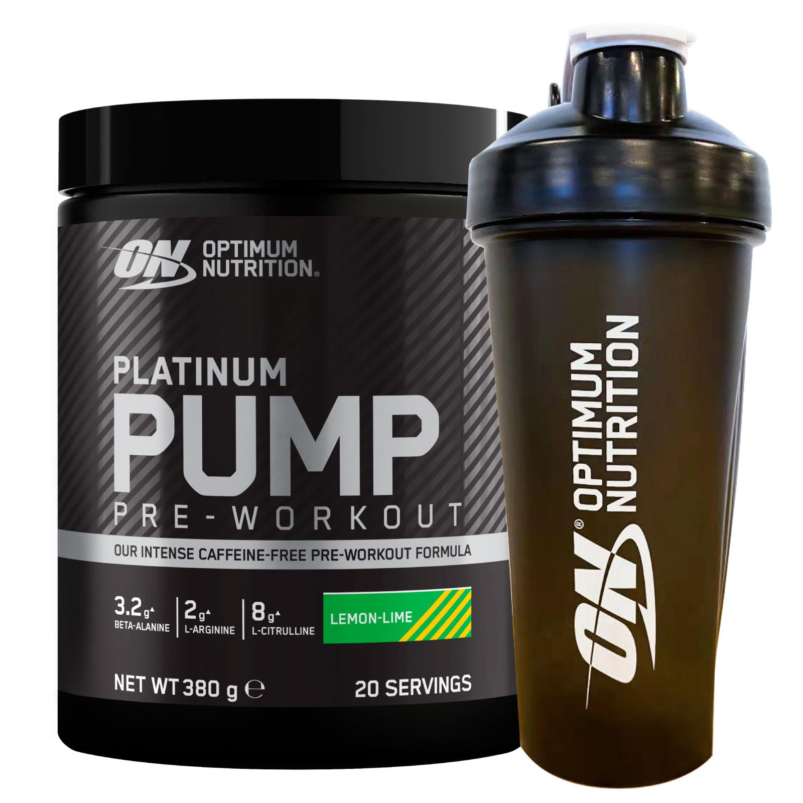 Optimum Nutrition Platinum Pump Pre-Workout Gusto Limone e Lime 380g 20 Porzioni Senza Caffeina in Polvere Aumenta Concentrazione e Prestazioni Fisiche Riduce la Stanchezza + SHAKER