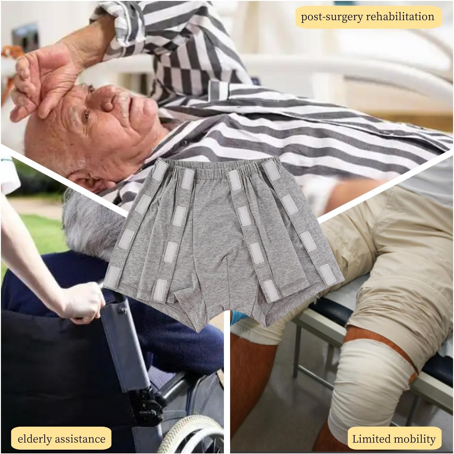 3 Pack Men's Post Surgery Boxers, Reusable Adaptive Tear Away Underwear, L