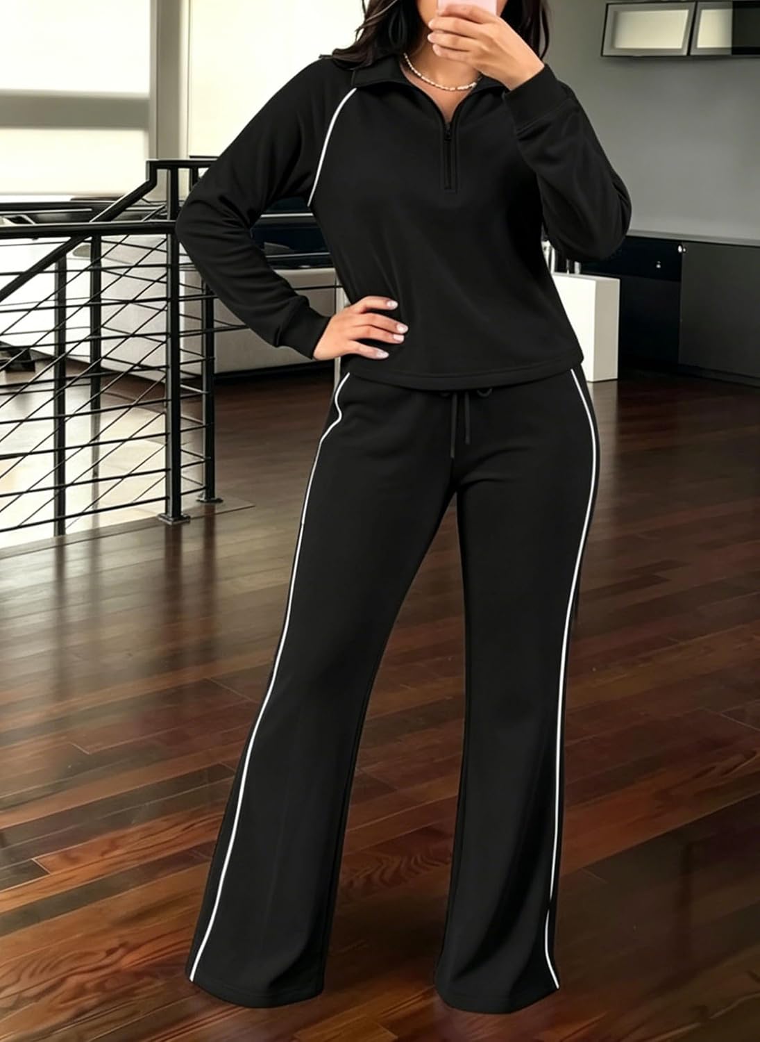 HBQ Womens 2 Piece Tracksuit Half Zip Top Flare Leg Pants