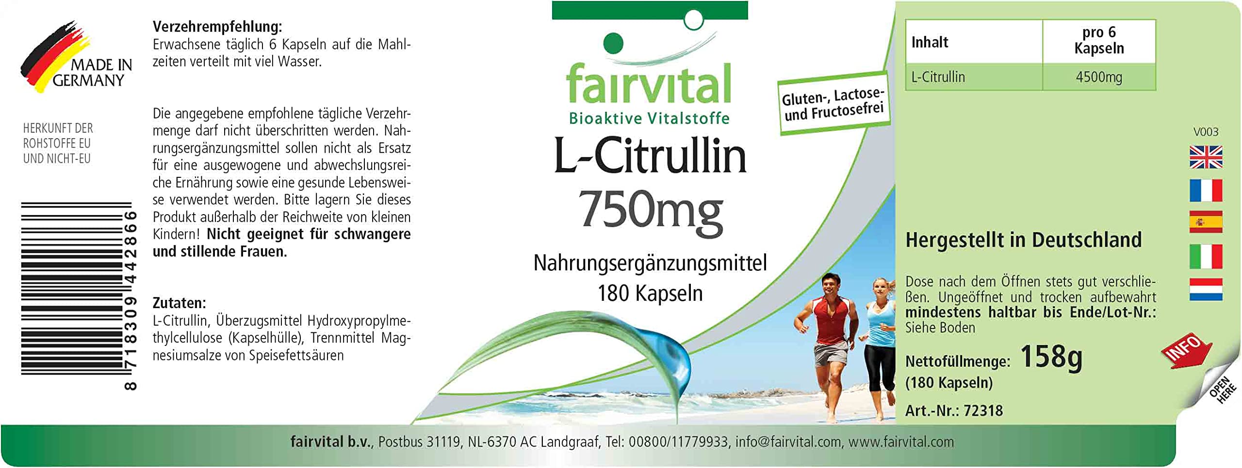 fairvital L-citrullina capsule 750 mg, ALTO DOSAGGIO, VEGANO, 180 capsule