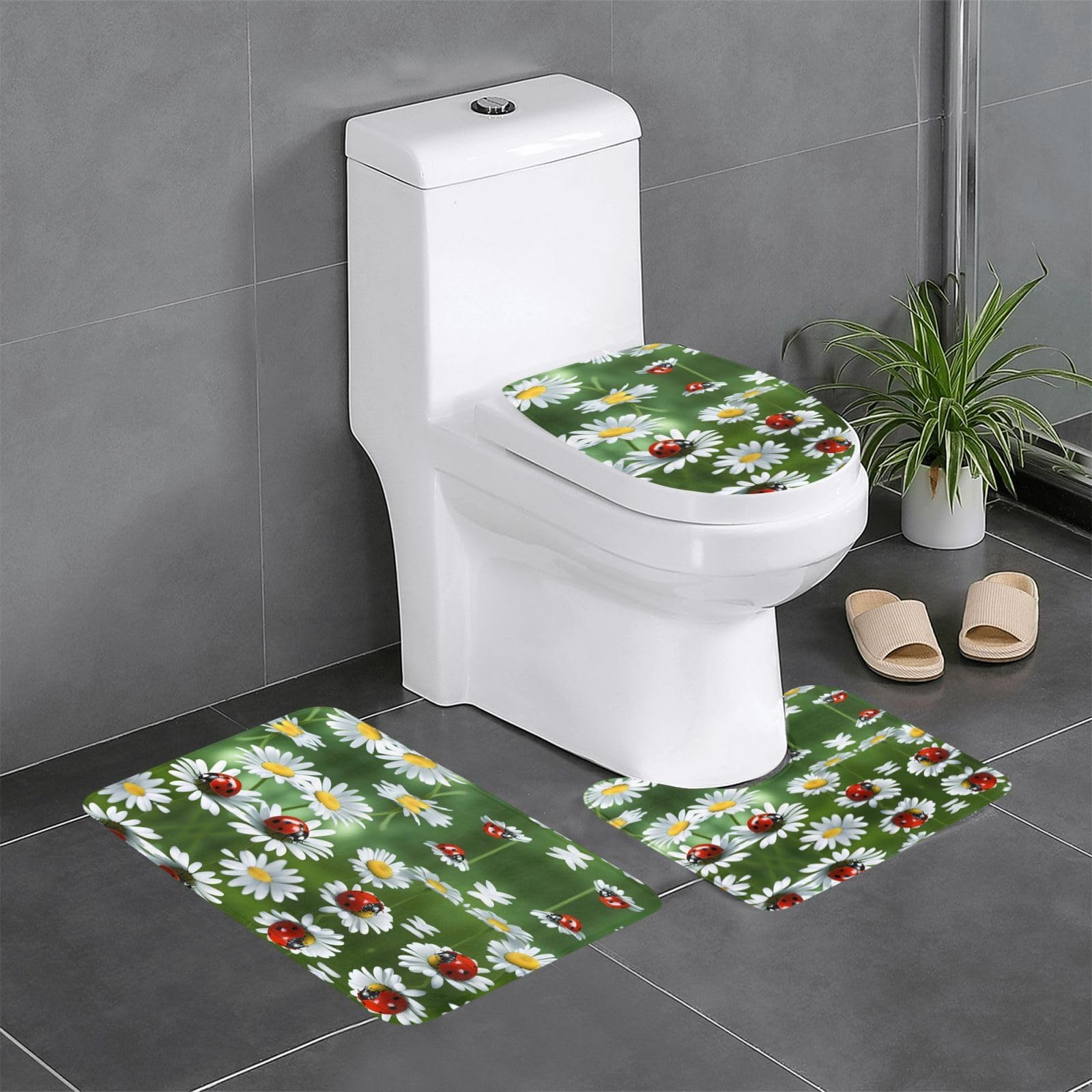 Tapis de salle de bain antidérapants : ensemble de 3 tapis motif marguerite et WC