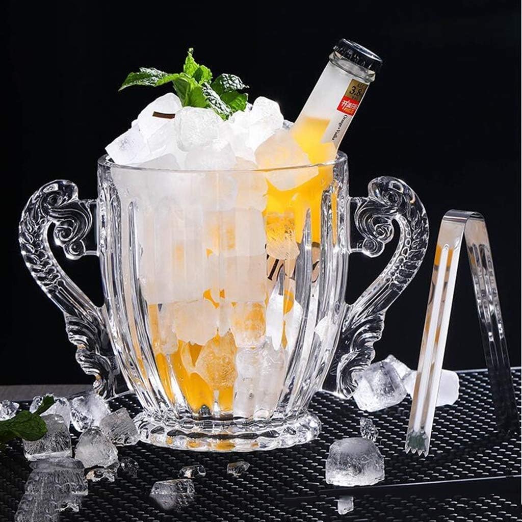 Elegant Crystal Ice Bucket with Length Stainless Steel Ice Tongs and Handles, Home Bar Wine Champagne Cooler Bucket