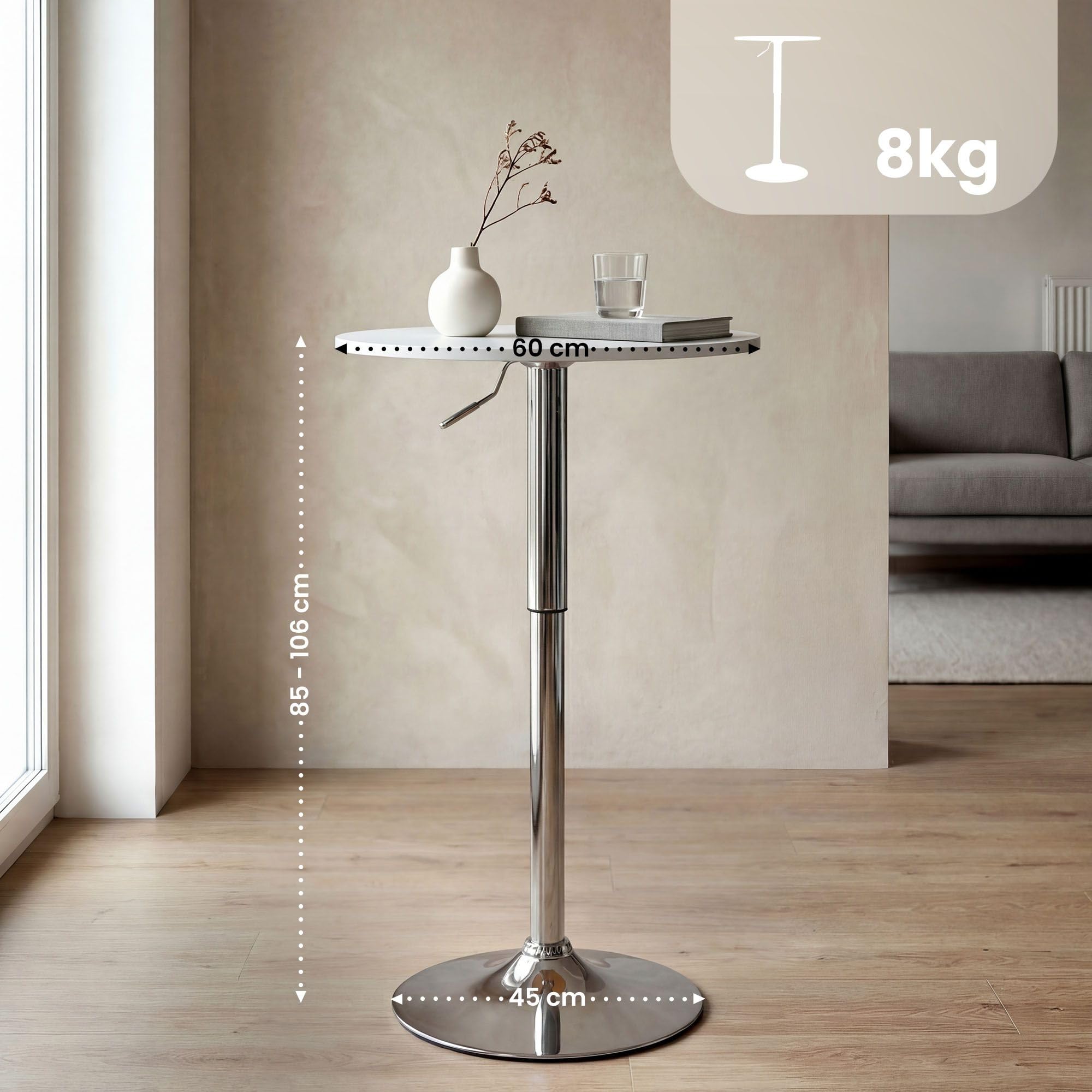 CLP Stehtisch rund 60cm Lamoni, Bartisch stufenlos höhenverstellbar, 360° drehbar, Bistrotisch mit stabilem Metallgestell und Bodenschutz, Farbe:weiß, Form:rund