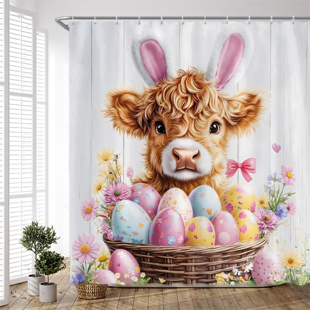 Funny Easter Highland Cow Shower Curtain Cute Calf Rabbit Eggs Spring Floral Flower Rustic Farmhouse Bathroom Curtains Polyester Fabric Set with Hooks 106Wx70H Inch