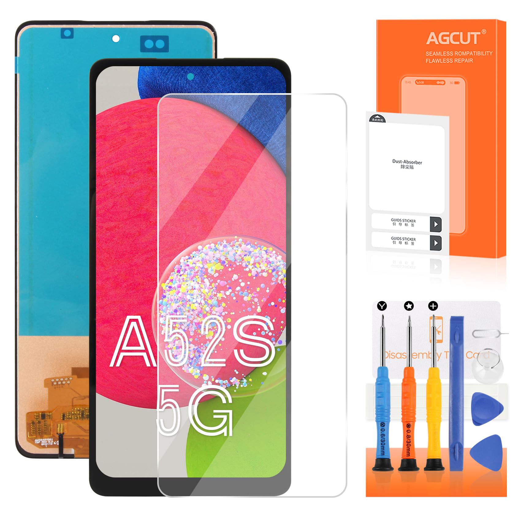AGCUT Schermo LCD per Samsung A52s 5G LCD Display per Samsung Galaxy A52s 5G SM-A528B SM-A528B/DS 6,5 Pollici Digitalizer Touchscreen Assembly con Strumenti (Nero Incell, senza impronta)