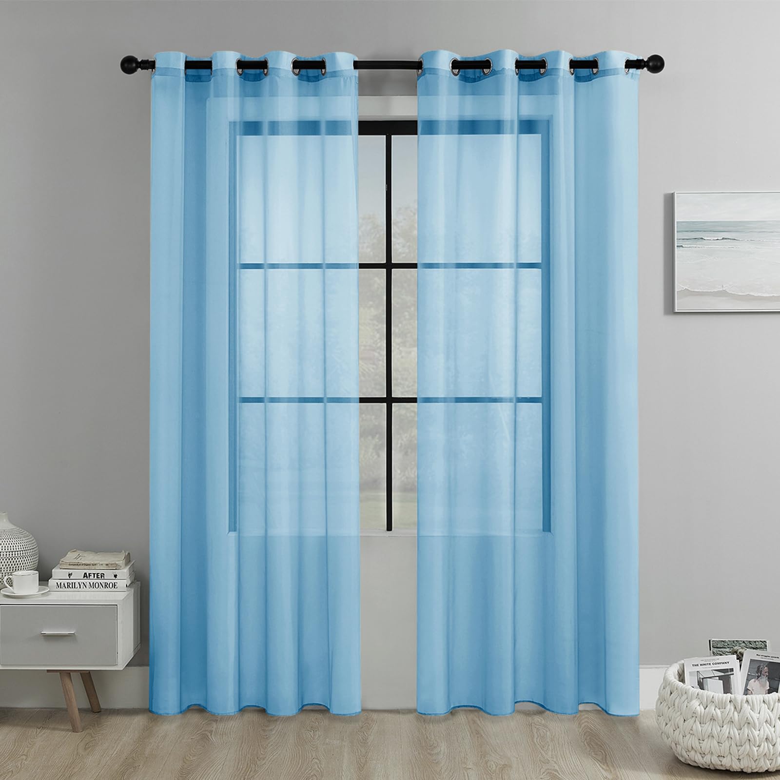 JIXINHEKEJI 2 Panels Sheer Curtains, Grommet Top Light Filtering Voile Drapes, Wrinkle Resistant Window Curtain For Bedroom Living Room(Size:100x200cm / 39"x79",Color:Blue)