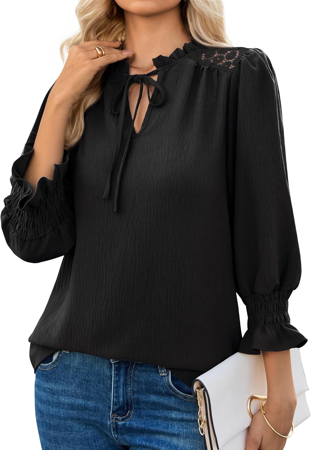 siliteelon Blouses for Women Dressy Casual 3/4 Length Sleeve Womens Tops Ruffle Collar Tie Front Lace Cute Spring Summer
