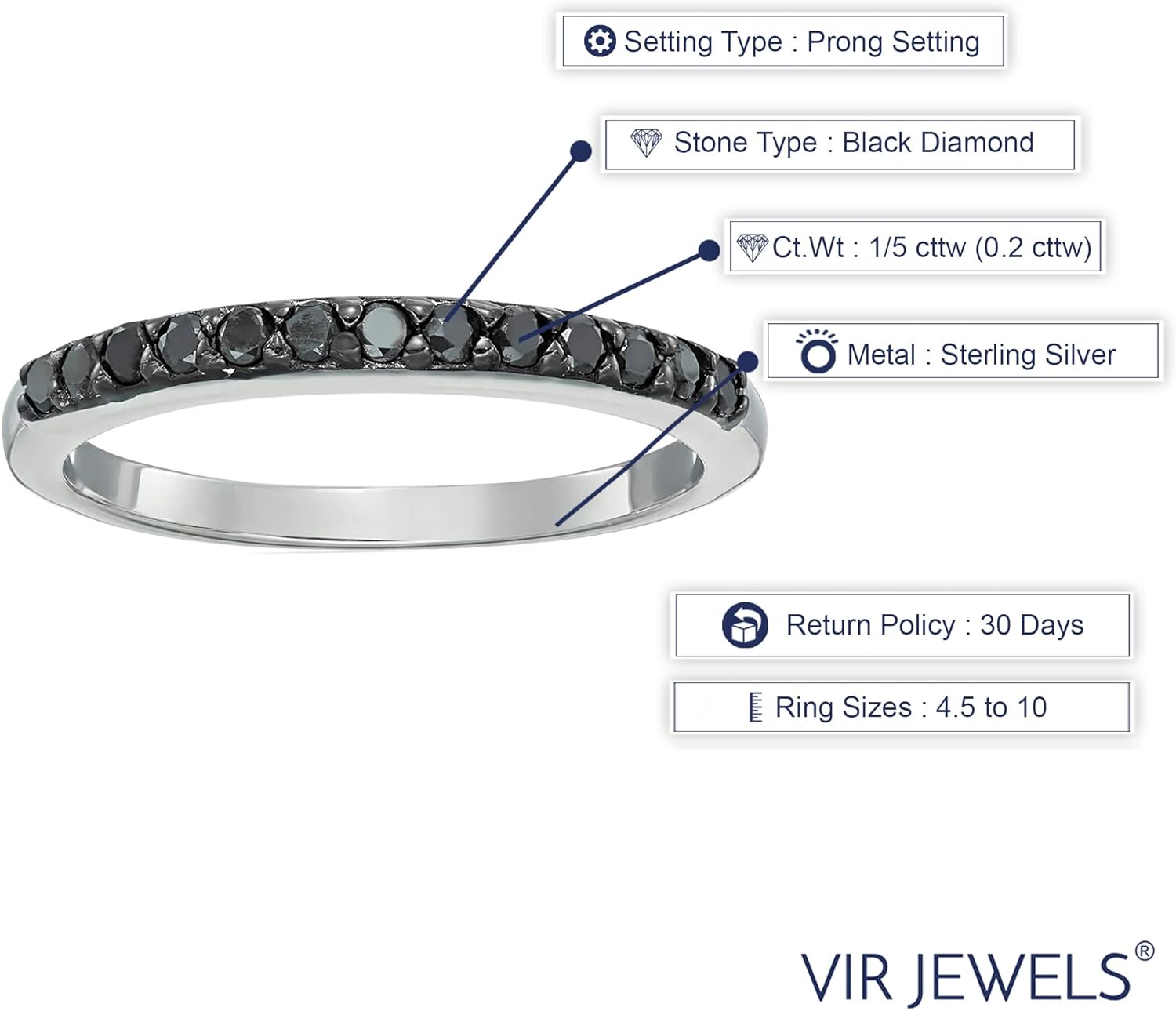 VIR JEWELS 1/5 cttw Black Diamond Ring Wedding Band .925 Sterling Silver 13 Stones Round