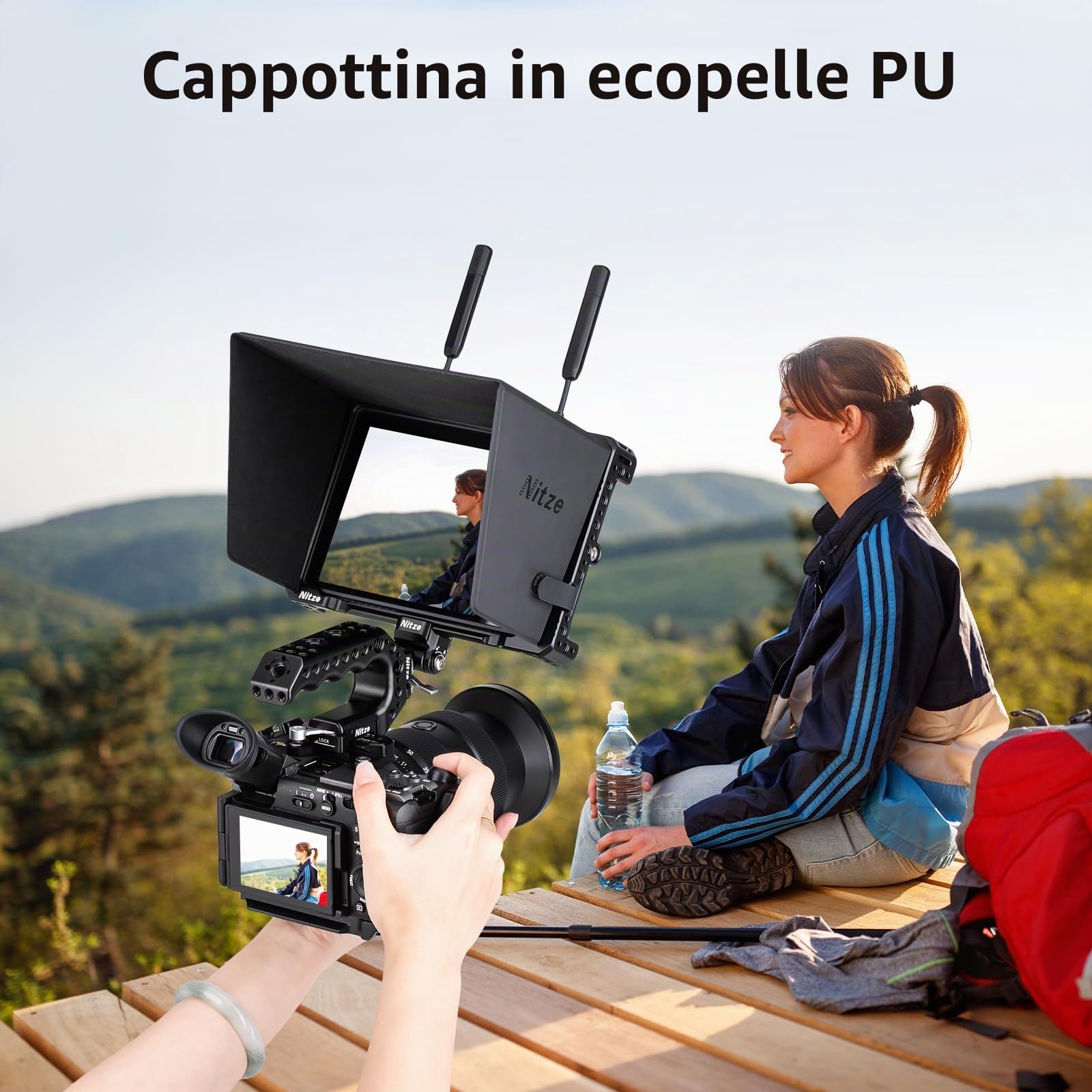 Nitze Gabbia per Monitor Hollyland Pyro 7 con Paraluce in Pelle PU e Guida NATO Integrata - JT-H02B