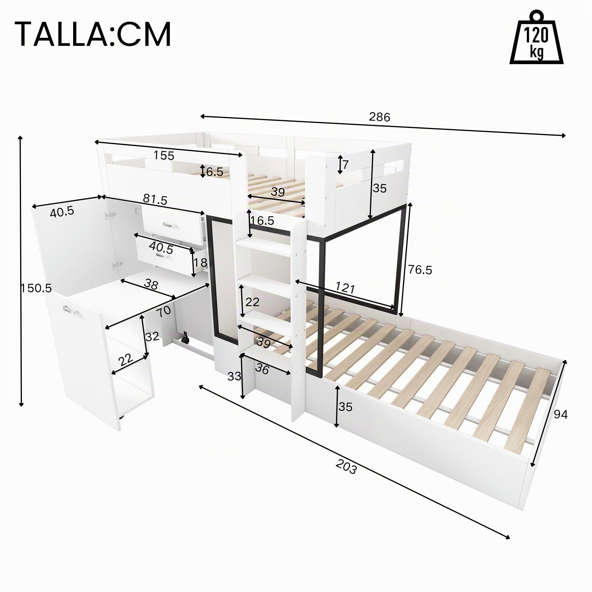 Sapgaks Litera infantil con escritorio extensible y armario, cama cabaña infantil 90 x 200 cm, cama infantil con cajón y estantes y escaleras, color blanco