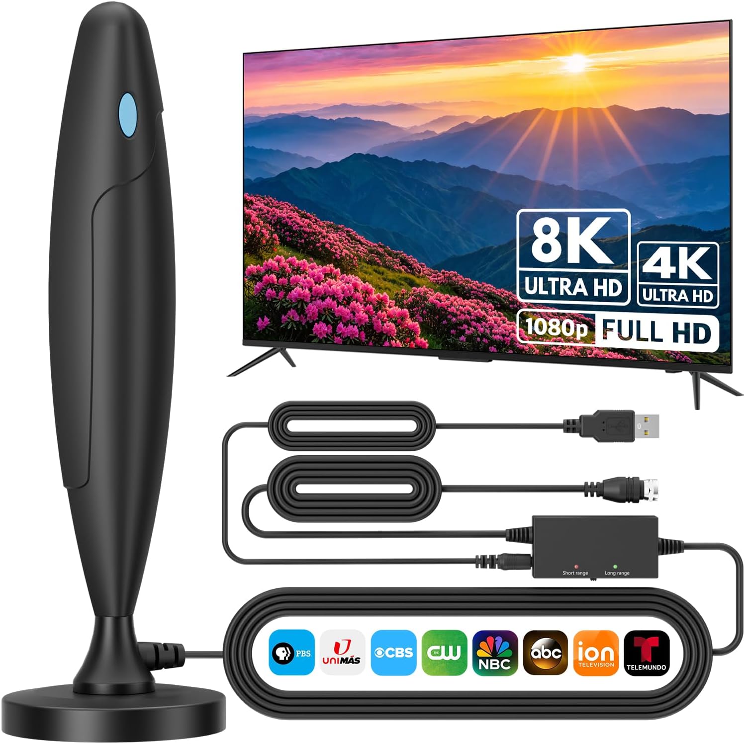 Upgraded TV Antenna for Local Channels, Long Range Reception with Surge & Lightning Protection, Digital Antenna for Smart TV Indoor with Strong Magnet