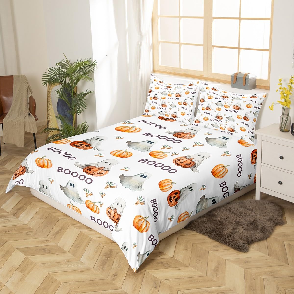Manfei Halloween Kids Duvet Cover Set Twin Size, Autumn Pumpkin Comforter Cover, Cartoon Halloween Ghost Bedding Set for Boys Girls Adults, Lightweight Bedspread Cover, 1 Pillowcase,No Comforter