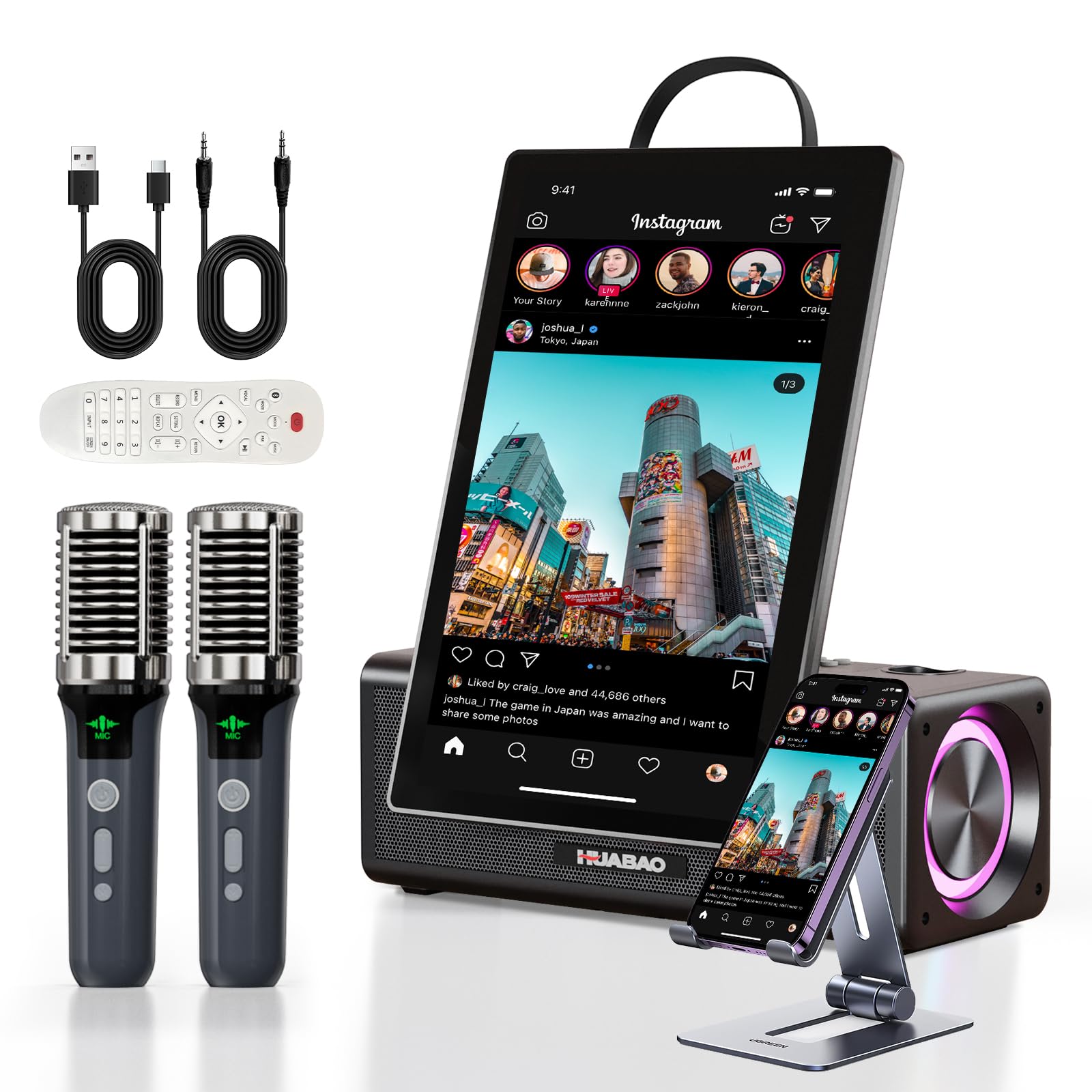 HUABAO Tragbarer Bluetooth-Karaoke-Lautsprecher mit HD-Bildschirm, kabelloser Bildschirmspiegelung für iOS und Android, 2 kabellosen wiederaufladbaren Mikrofonen, dynamischer Liedtextanzeige