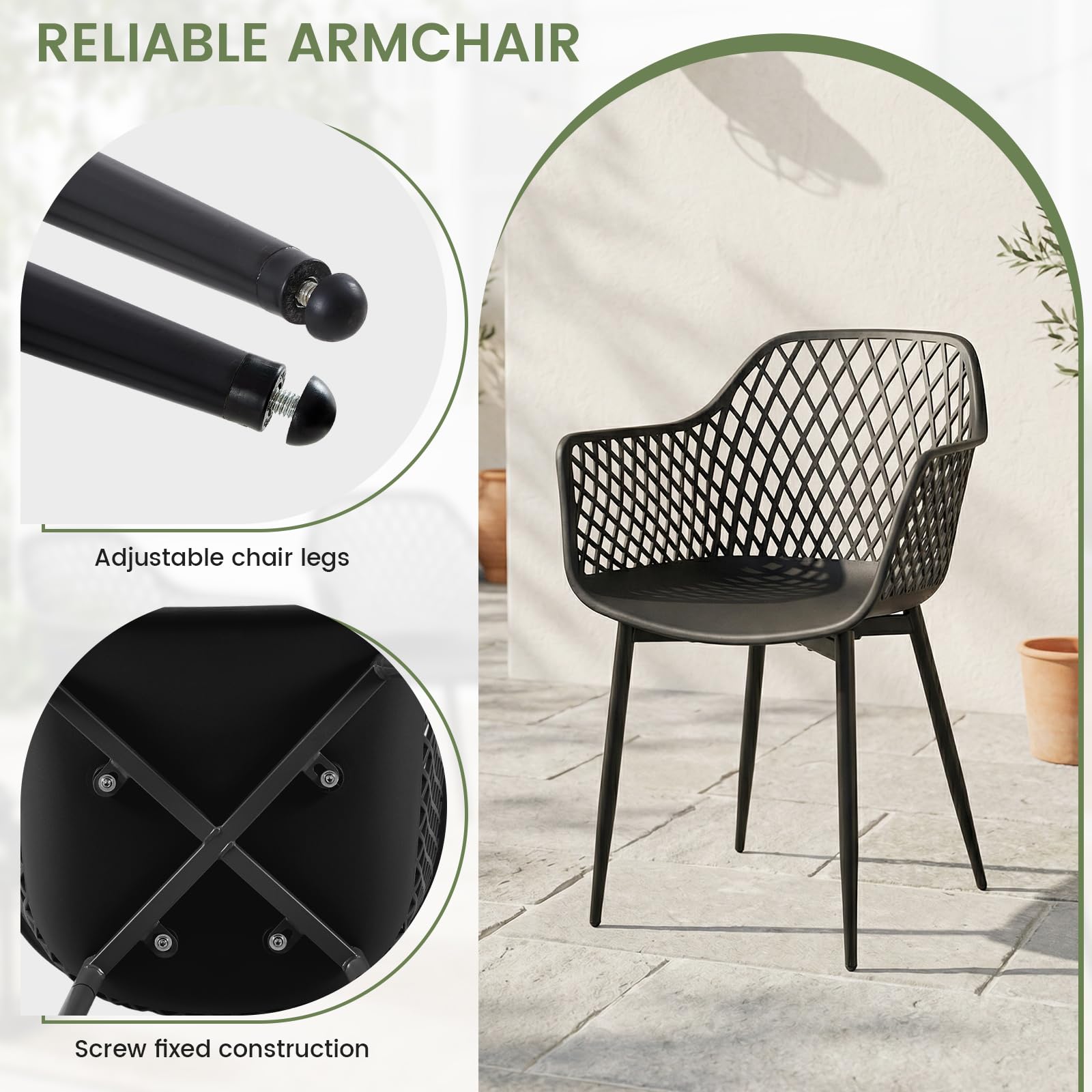 buybyroom Sillas Terraza Exterior, Juego de 6 Sillas Jardin Exterior con Reposabrazos, Patas de Metal y Respaldo de Plástico Ergonómico, para Jardín,Terraza,Balcón,Reuniones,Salón,Comedor,Negras
