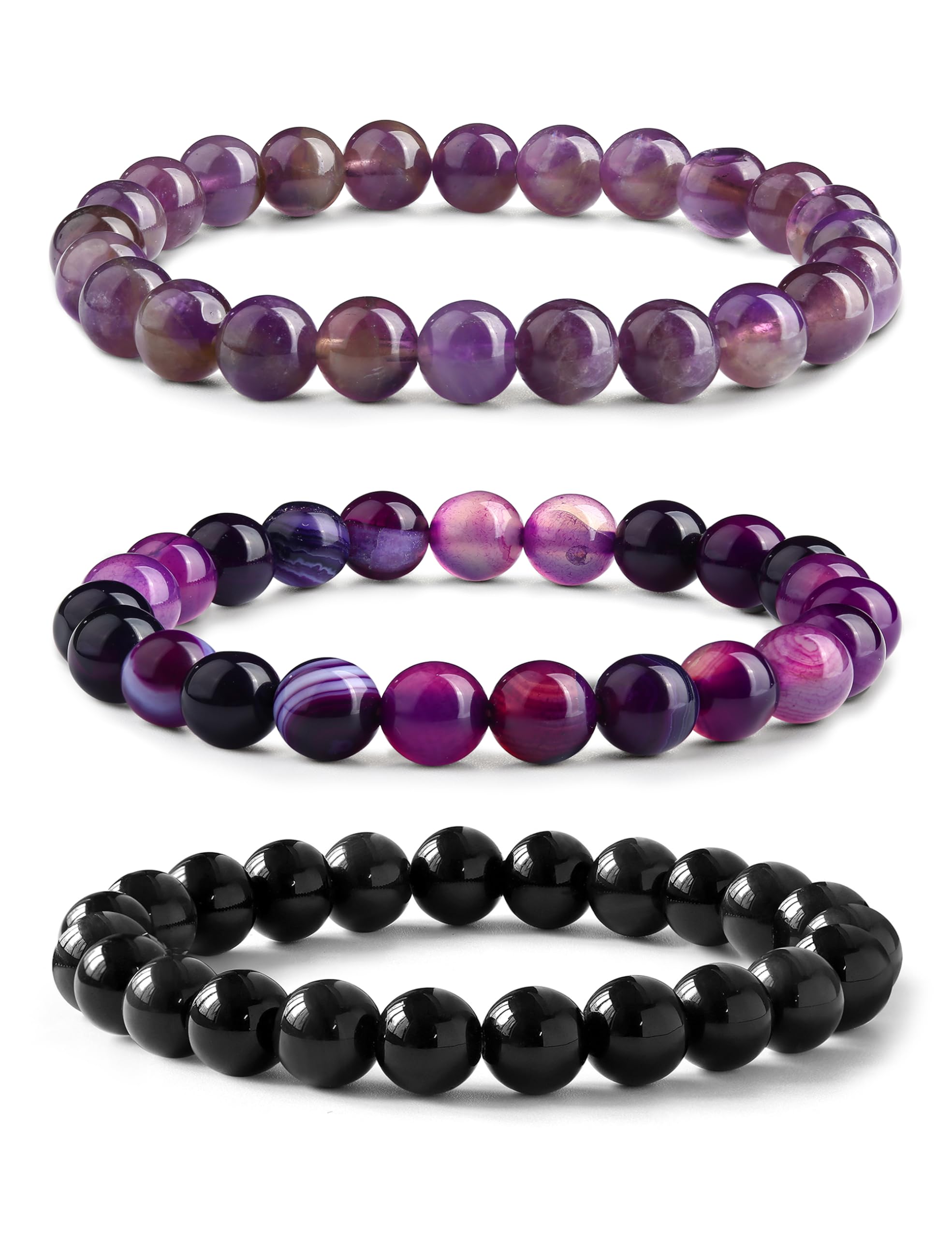 Adramata 3Pcs Bracelet Pierre Naturelle Femme en Pierre Naturelle de 8MM Perle Bracelet Anti Stress Élastique Empilable Pour Femmes Et Hommes Cristal Bracelets pour Femme Cadeau