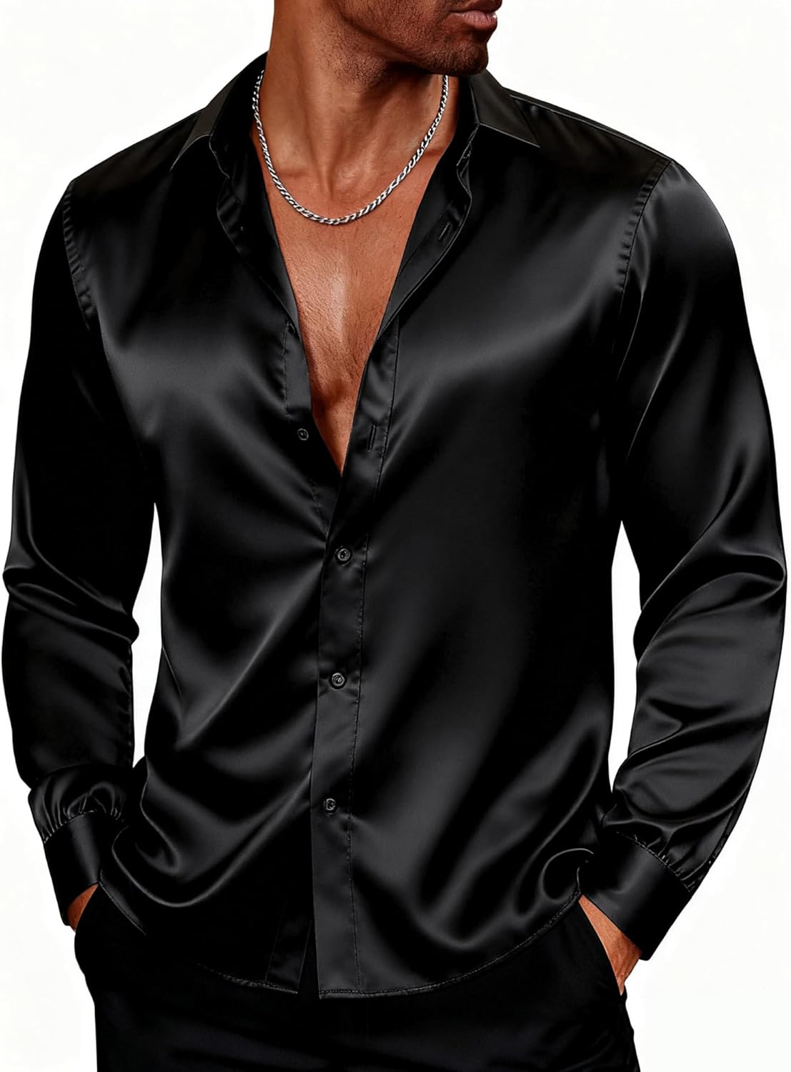 PJ PAUL JONES Men's Shiny Satin Dress Shirts Long Sleeve Button Down Silk Shirt with Bow Tie