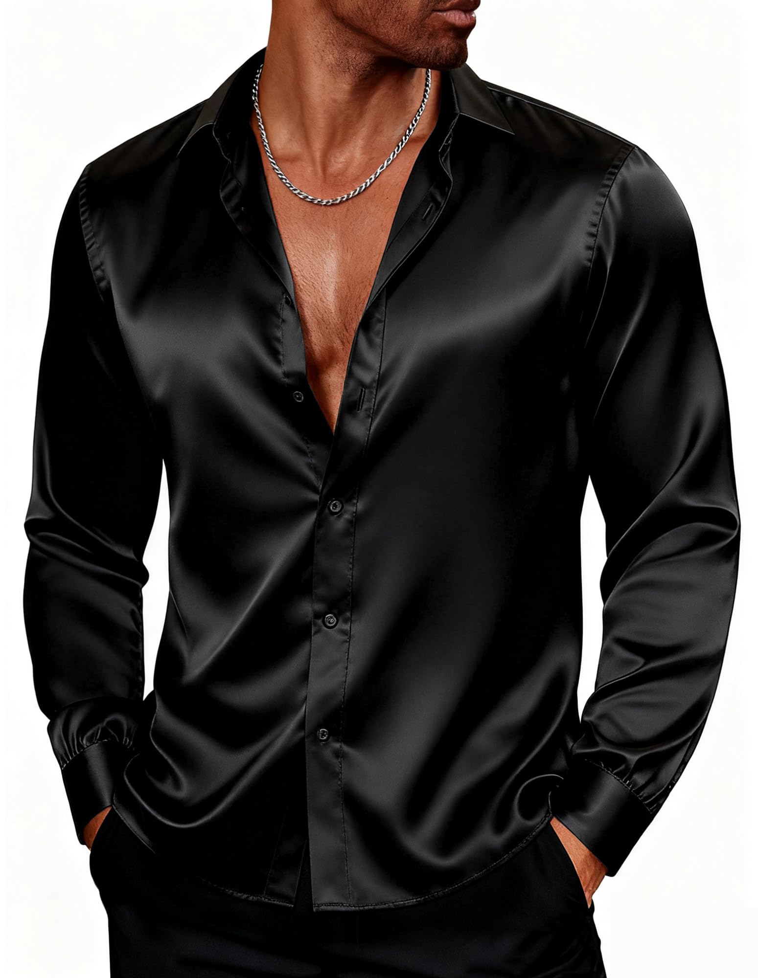 PJ PAUL JONES Men's Shiny Satin Dress Shirts Long Sleeve Button Down Silk Shirt with Bow Tie