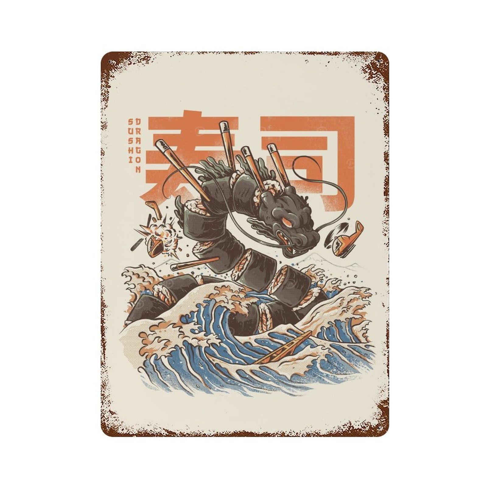 Decorative Tin Sign with GREAT SUSHI DRAGON Design 15.7"x11.8", for Garage, Bar And Workshop Decor, Decorative Metal Wall Art