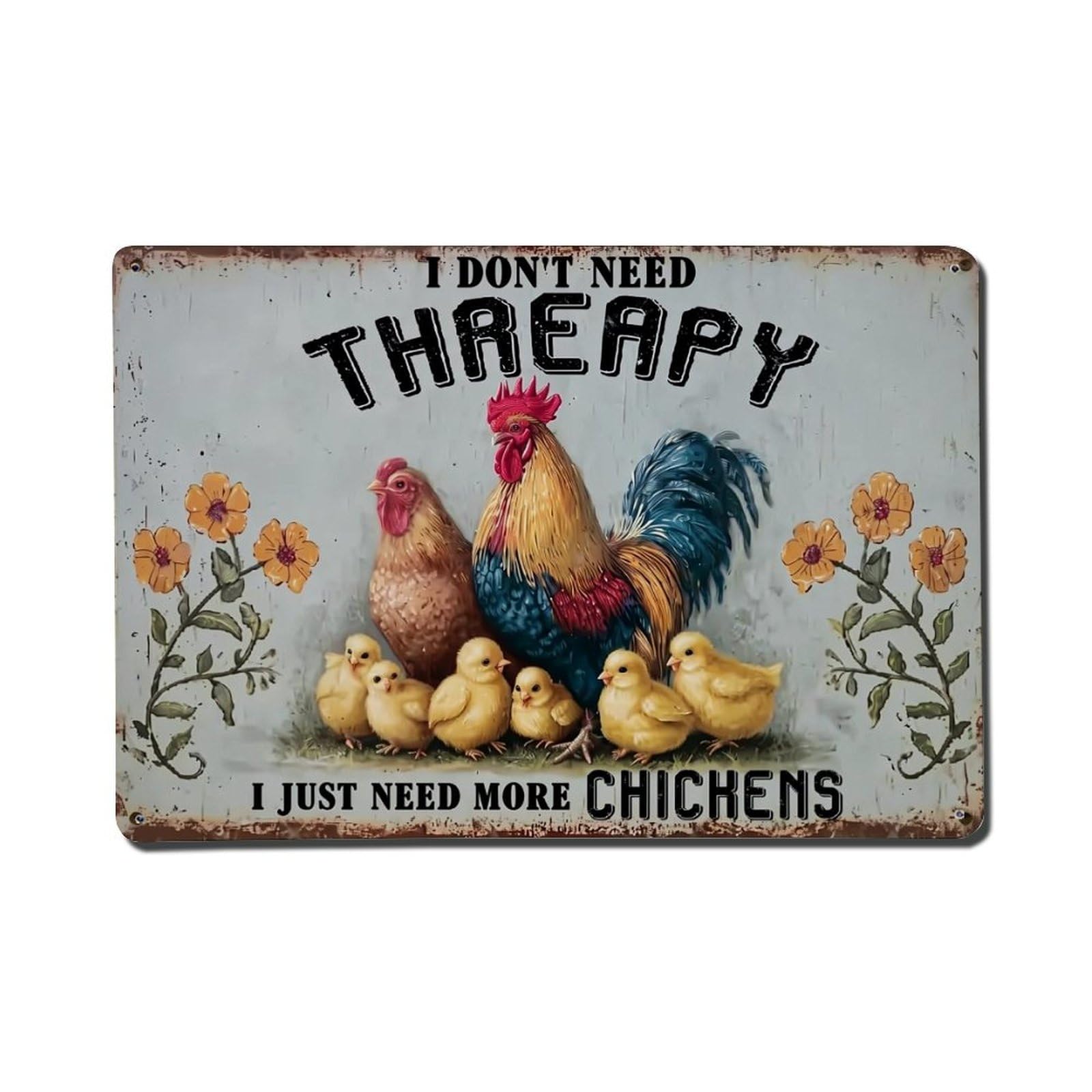 Chicken Family With Flowers Metal Tin Sign Plaque