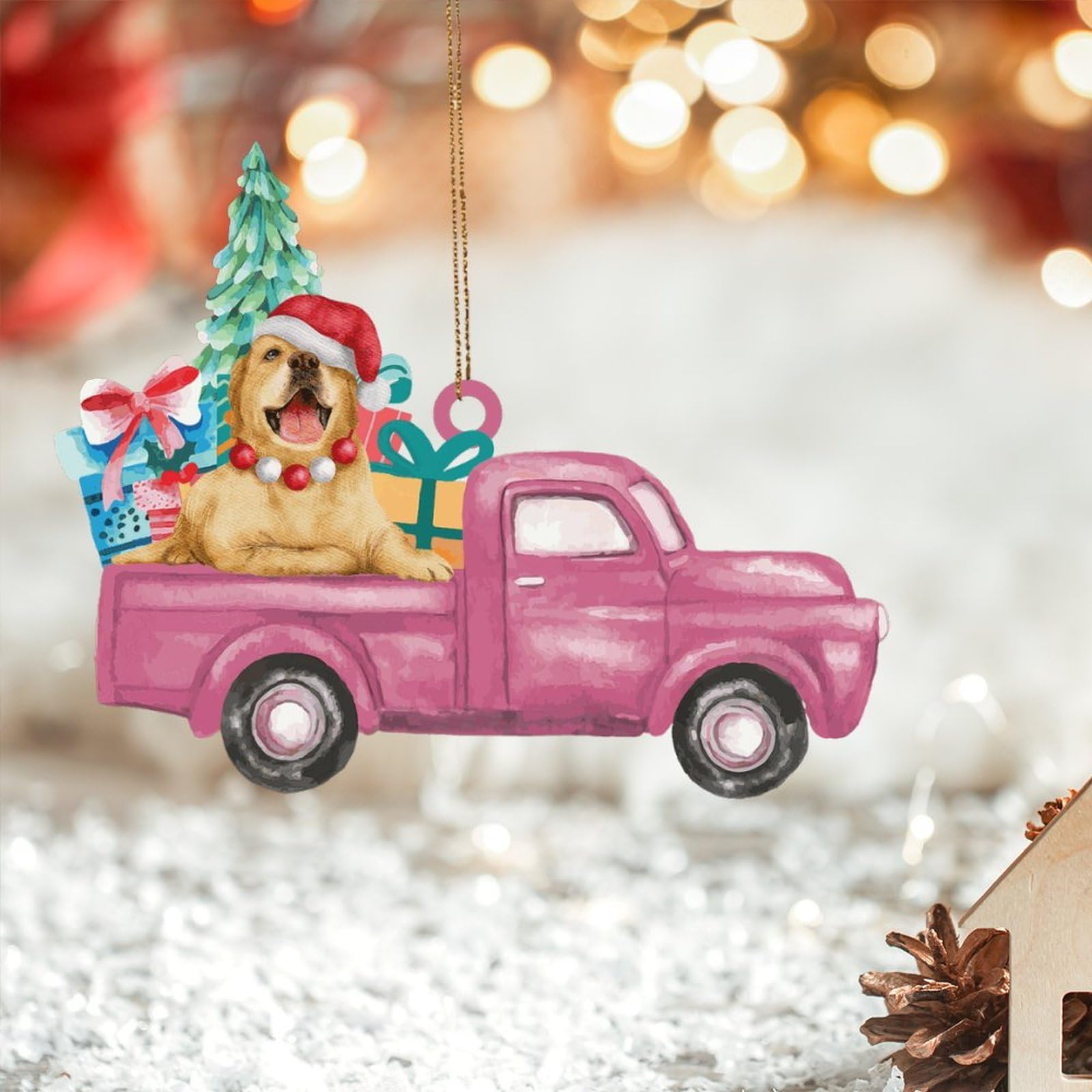 LMMIXEE Golden Retriever - Adorno de Navidad personalizado 2024, diseño de perro de Papá Noel, camión rojo, decoración de árbol de Navidad 2D, adorno acrílico para perro, regalos novedosos para