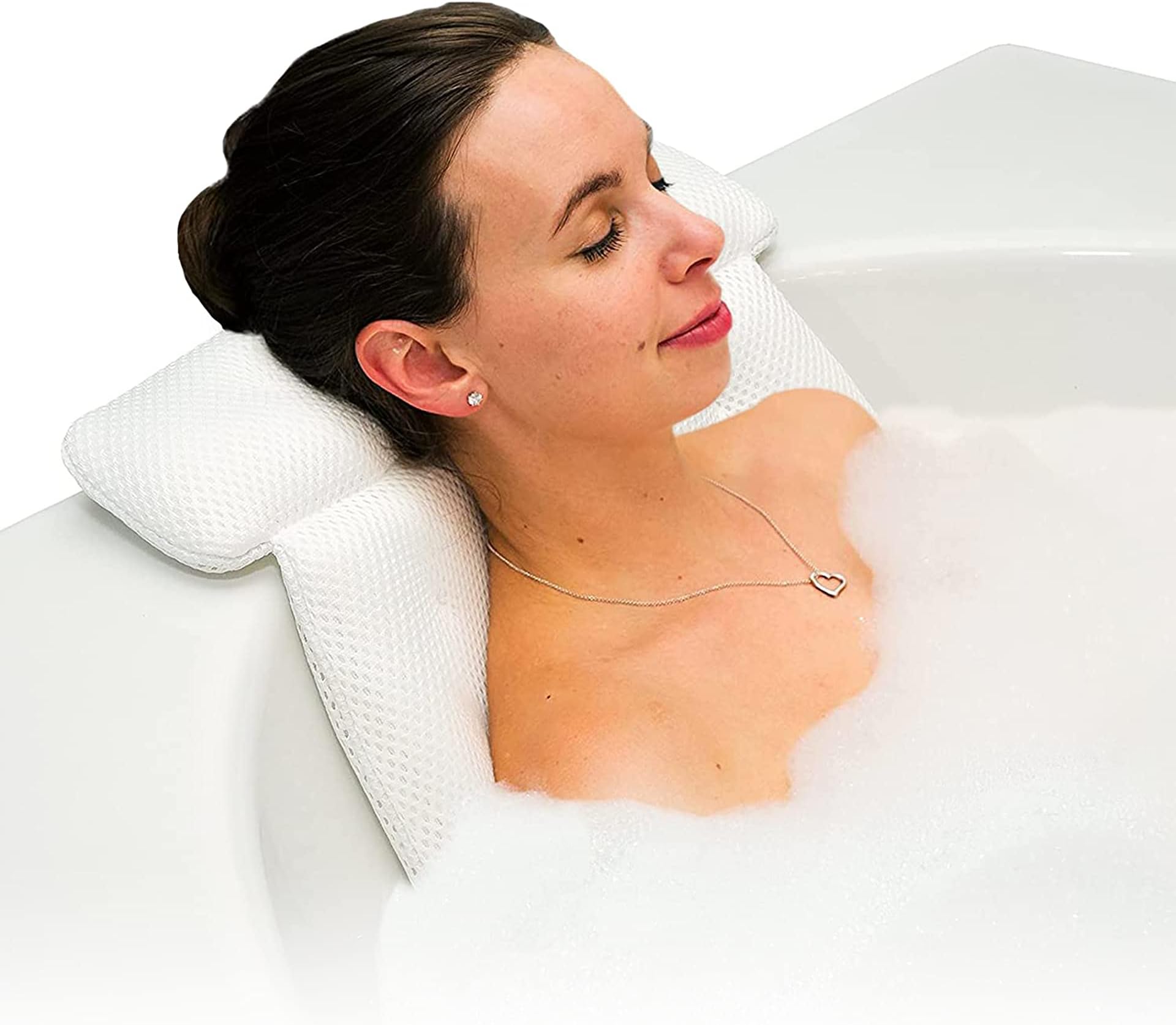 Bath Haven Luxury Bathtub Pillow with 3D Air Mesh Technology, Machine Washable-Quick-Drying and Includes Washing Bag and Travel Case, White, Classic