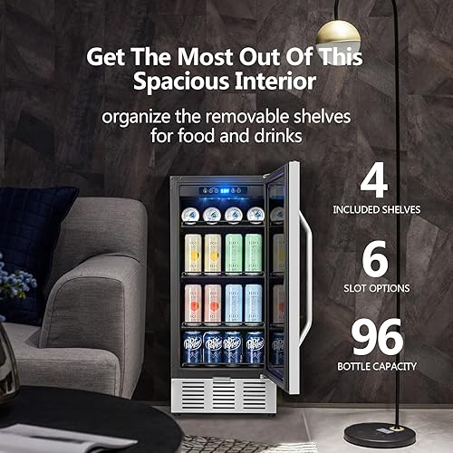 Miniatura 5 de Refrigerador de bebidas de 15 pulgadas, enfriador de bebidas debajo de la encimera, refrigerador silencioso de bebidas de 126 latas con puerta de