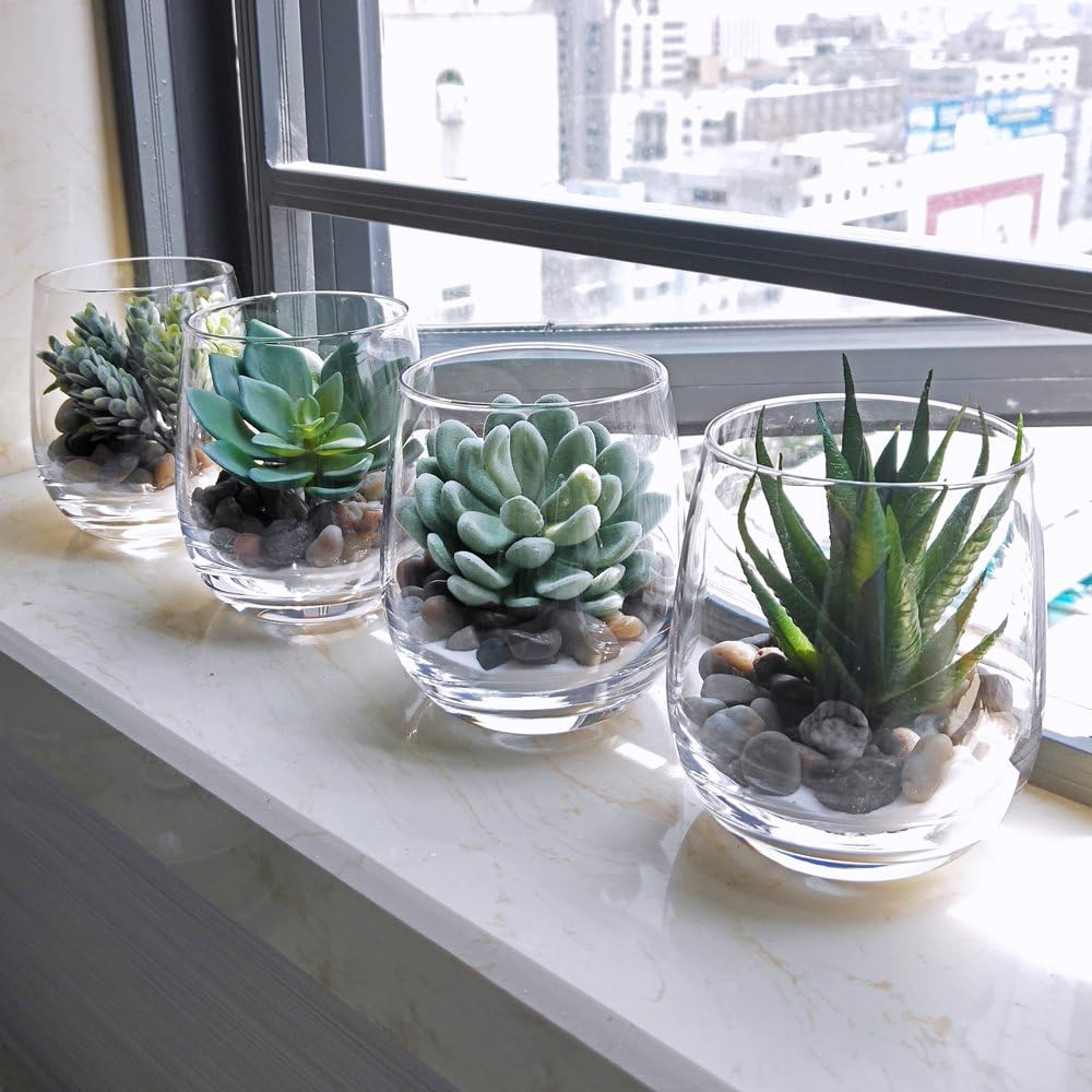 Supla 4 Set Artificial Fake Succulent Plants Echeveria Terrarium Glass Containers Decorations Clear (4 Artificial Succulents+1.1 Lb White Sand+1.32 Lb Stone + 4 Glass Containers +1 Floral Wire Cutter)