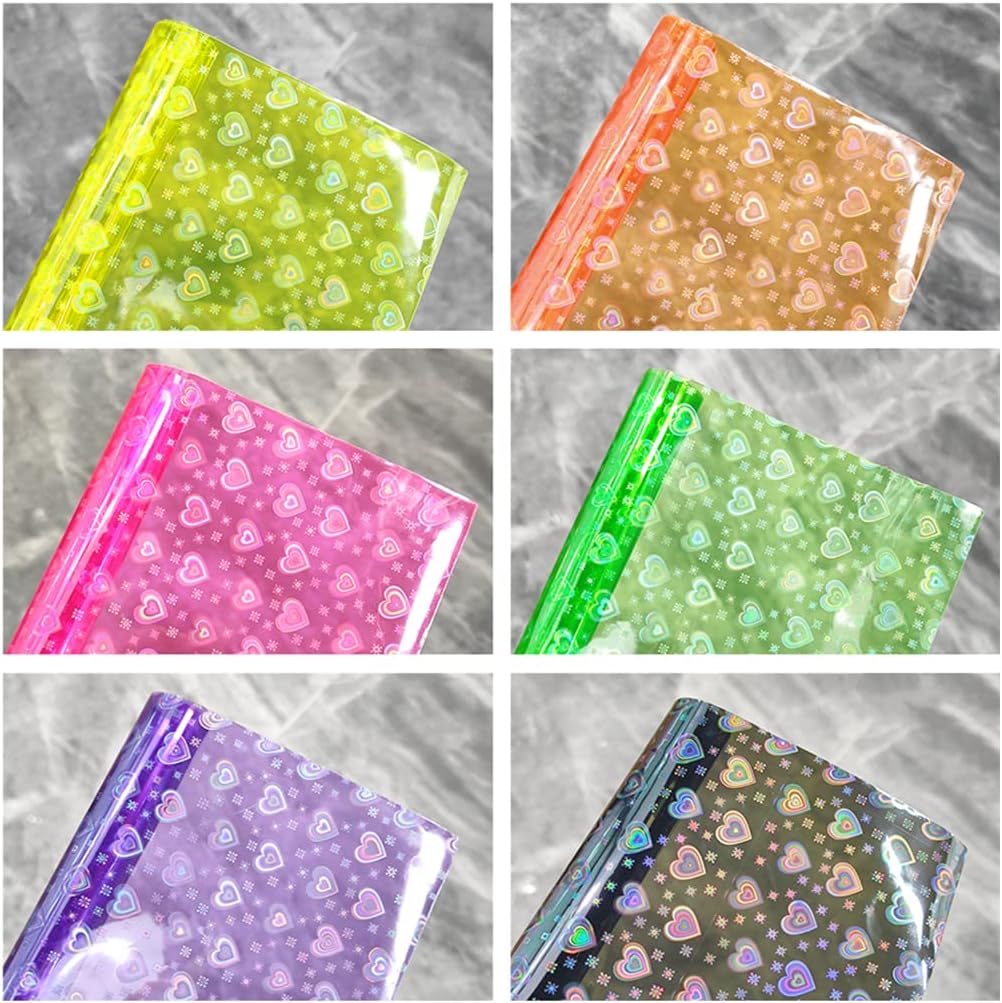 6 Pcs/Set 8.3"x11.8" Candy Color Jelly Vinyl Sheets, Fluorescent Neon Heart Pattern Clear PVC Faux Leather for Hair Bows Pouches Making, Iridescent Pattern image 5