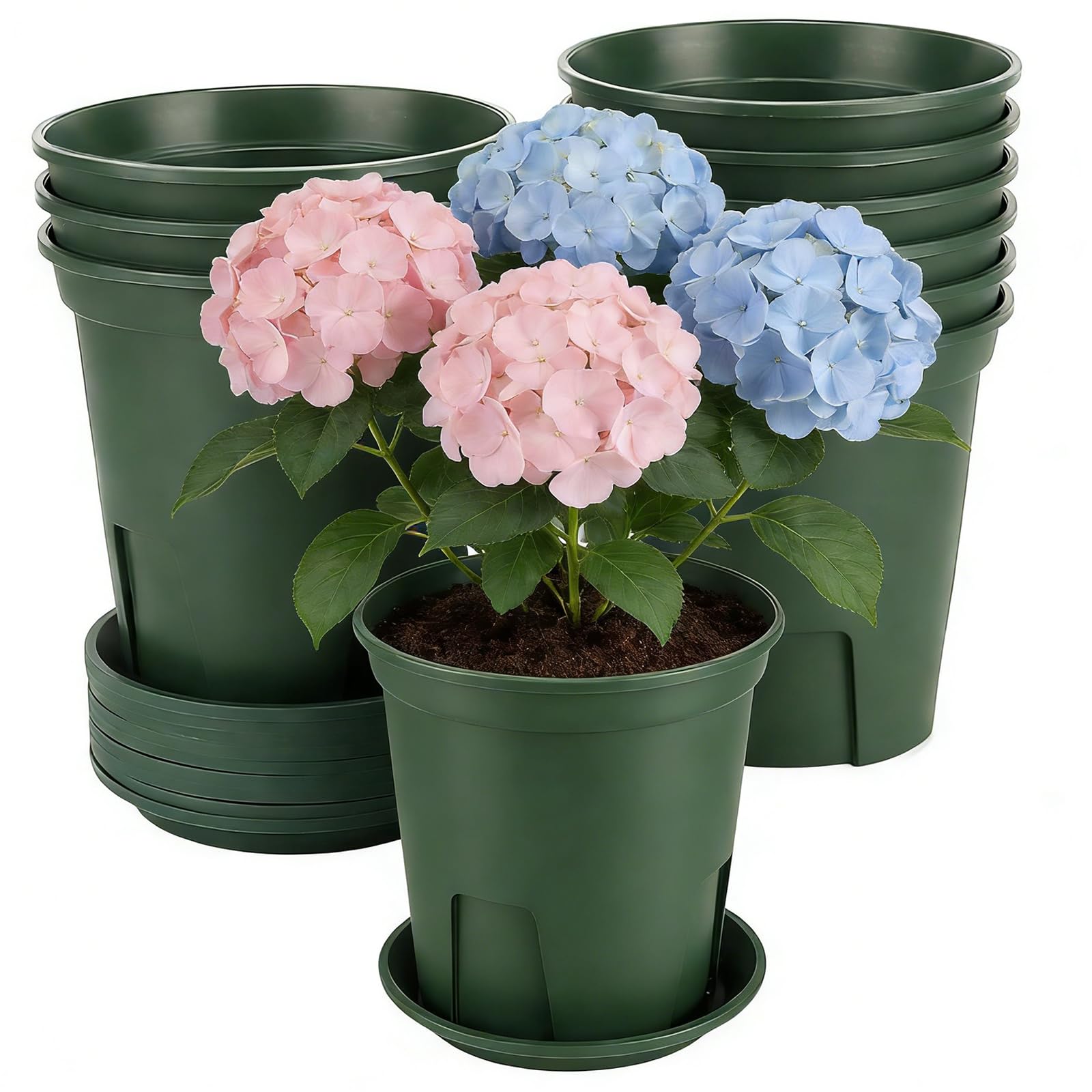 MUKSUET 10 PCS Thickened Plastic Plant Pots with Saucer, 16 x 12.5cm Root-Control Seedling Planters for Indoor Outdoor Bonsai Plants Transplanting (Green)