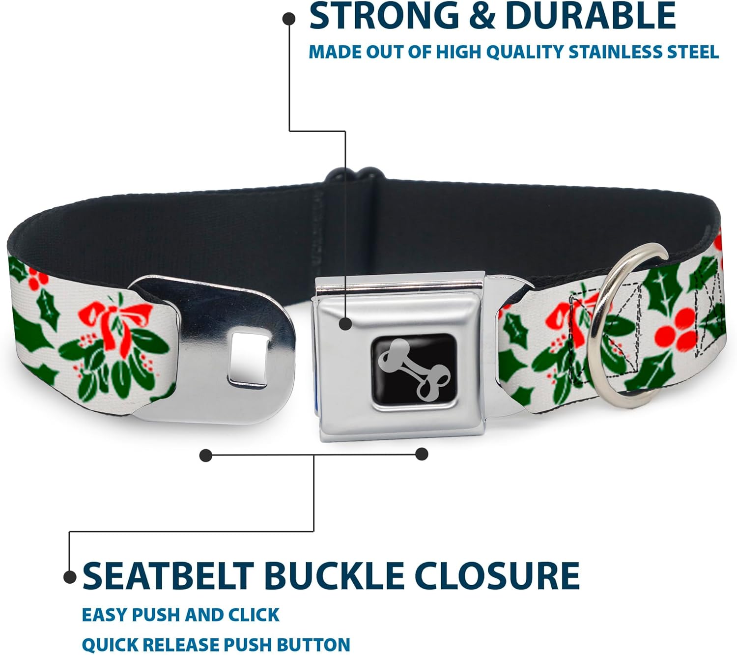 Dog Collar Seatbelt Buckle Holly Mistletoe 18 to 32 Inches 1.5 Inch Wide