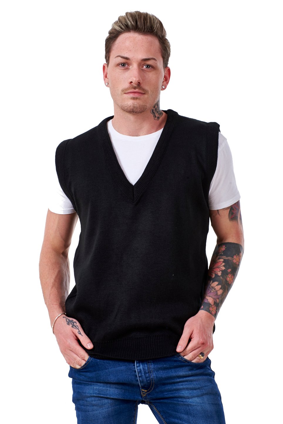 Malay Men’s Plain Knitted V Neck Classic Sleeveless Cardigans Tops Tank Jumpers Size S to 5XL (XXXXX-Large, Black)