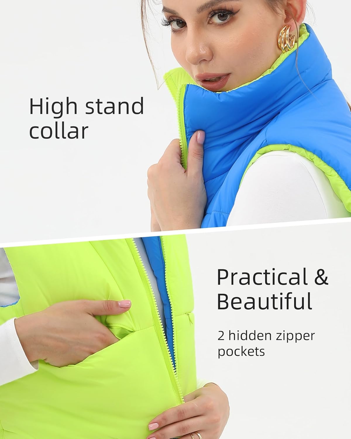 Xeoxarel Women's Reversible Cropped Vest, Puffer Lightweight Full Zip Sleeveless Warm Outerwear Padded Gilet with Pockets Green Blue M - Image 4