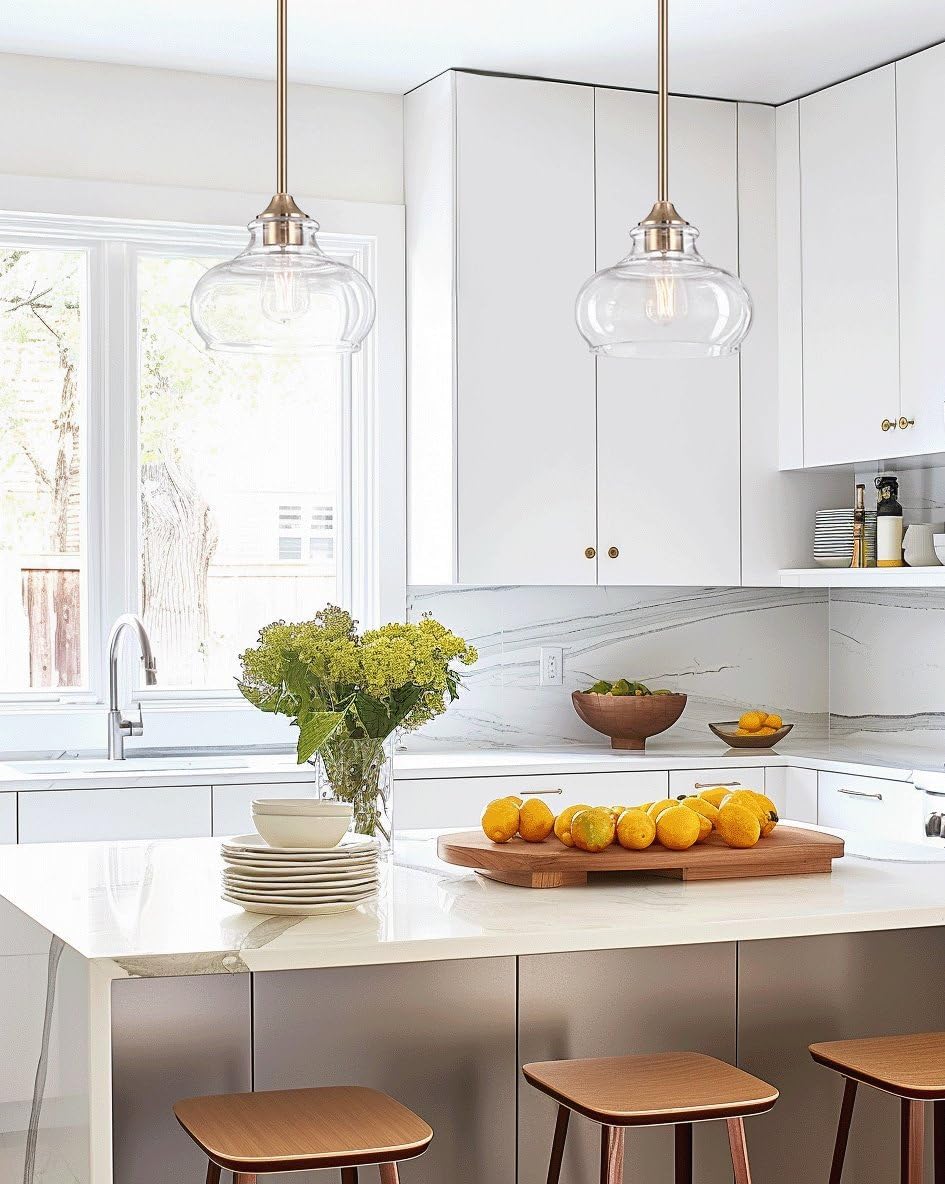 Kira Home Harlow 9" Modern Industrial Farmhouse/Schoolhouse/Rustic Pendant Light with Clear Glass Shade, Adjustable Hanging Height, Cool Brass Finish