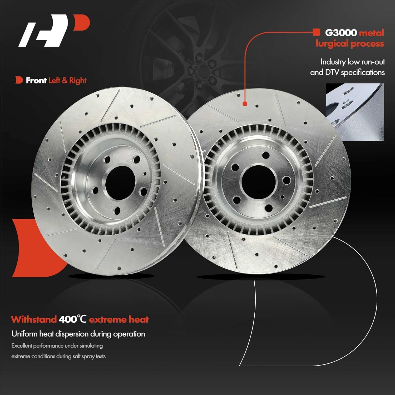 A-Premium 14.02 inch (356 mm) Front Drilled and Slotted Disc Brake Rotors + Ceramic Pads Kit Compatible with Select Audi Models - A6 2017-2018, A6 Quattro 2012-2019, A7/A8 Quattro & More