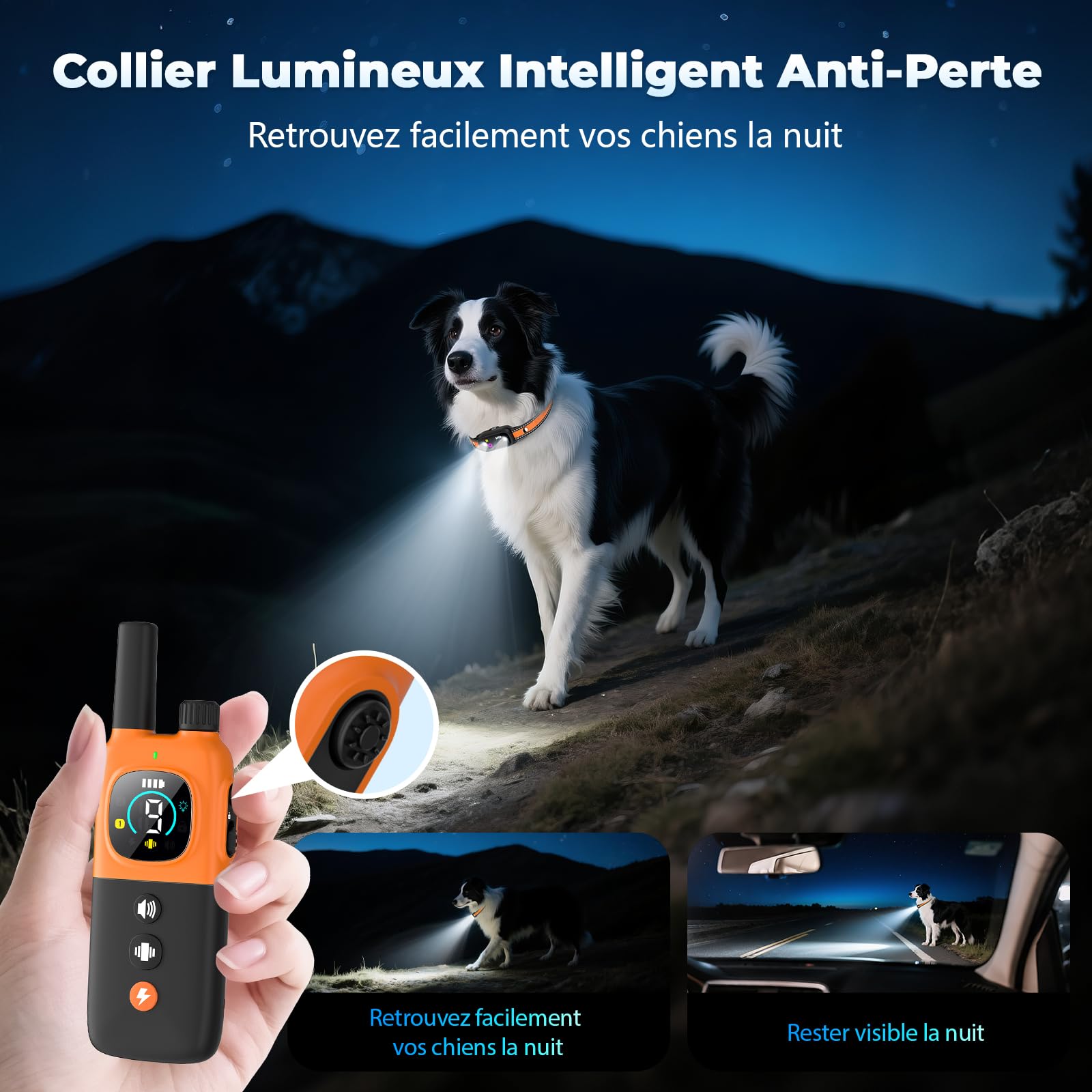 Collier Electrique pour Chien, Collier Dressage Chien avec Télécommande, Portée 1000m, 4 Modes de Dressage (Bip, Vibration, Choc, Lumière), Étanche IP67, Adapté Aux Chiens de Petits et Grands