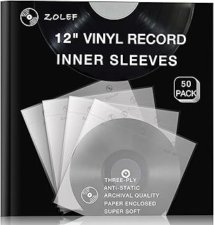 12" Vinyl Record Sleeves Inner 50 Pack, Thicker 3-Ply Anti Static Archival LP Inner Sleeve with Rice Paper for 33 RPM Records Protection