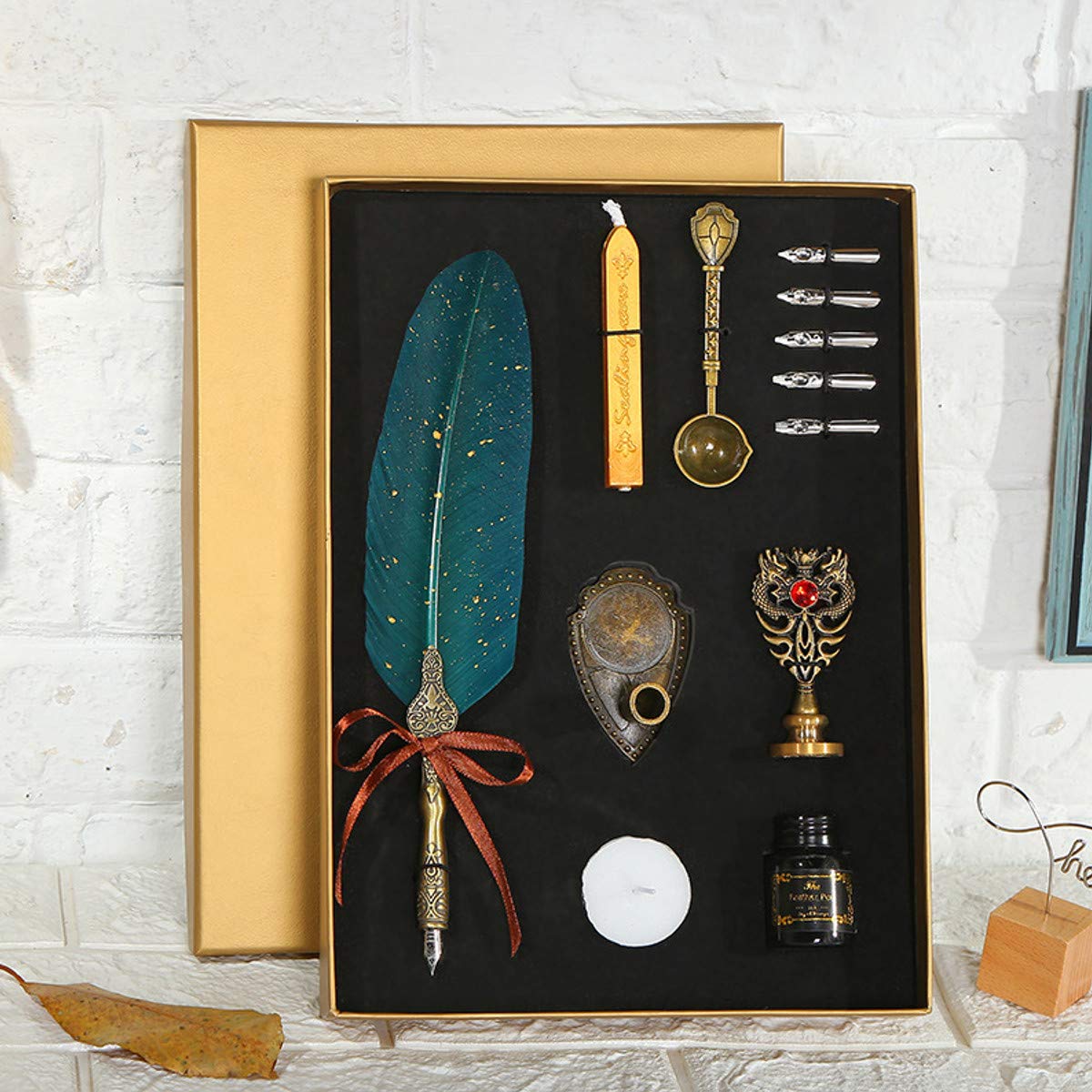 VIDOO Bestreuen Sie Gold Luxus Vintage Feder Quill Dip Kalligraphie Füllfederhalter Schreiben Tinte 5 Nibs Set Briefpapier Geschenk-Box - Grün