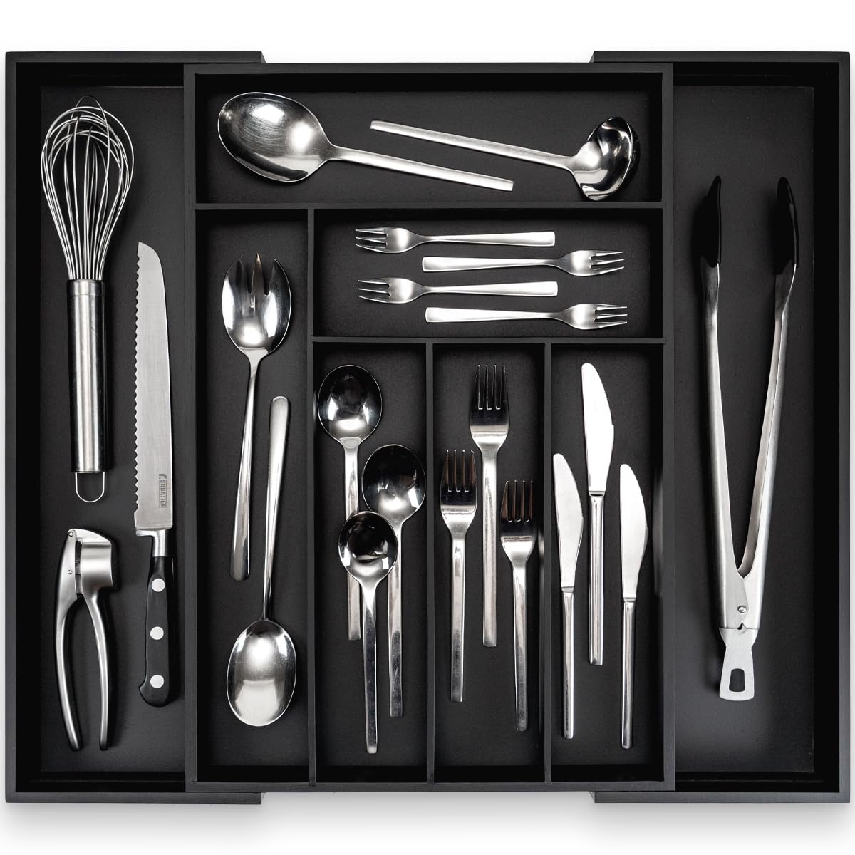 Budu Bamboo - Black Cutlery Tray #50 (Depth 50 Cm) Made Of - Drawer Organiser System For The Kitchen - Cutlery Tray For Bamboo Drawers - Extendable - Kitchen Drawer Organiser