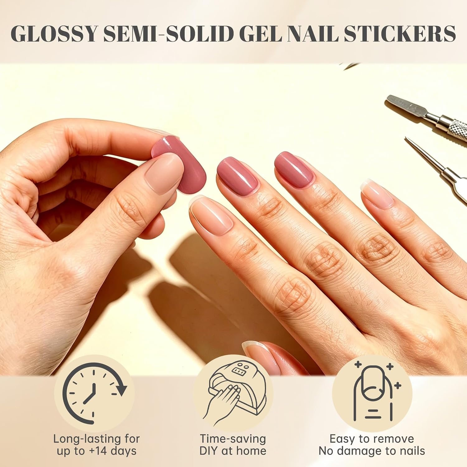 Semi Cured Gel Nail Strips, Flexible UV Nail Wraps for Flat to C-Curved Nails, Salon Quality Long Lasting Solid Color Gel Polish Stickers Kit for DIY Home Manicure-20 Pcs (Peach Nude Powder)