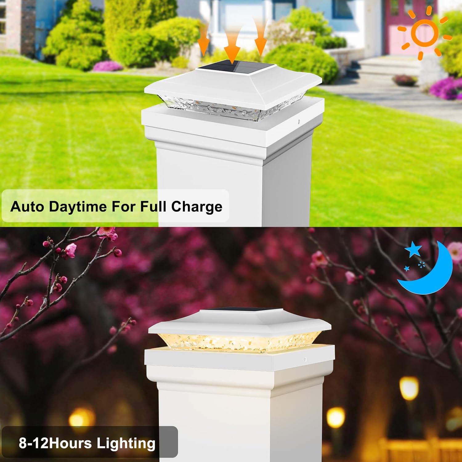 5x5 Solar Post Cap Lights Outdoor, 6 Pack 2 Modes (Warm/White Light) White Fence Post Solar Powered Deck Lights Waterproof for 5.5x5.5 Vinyl Posts Decorate Garden Deck Patio Porch