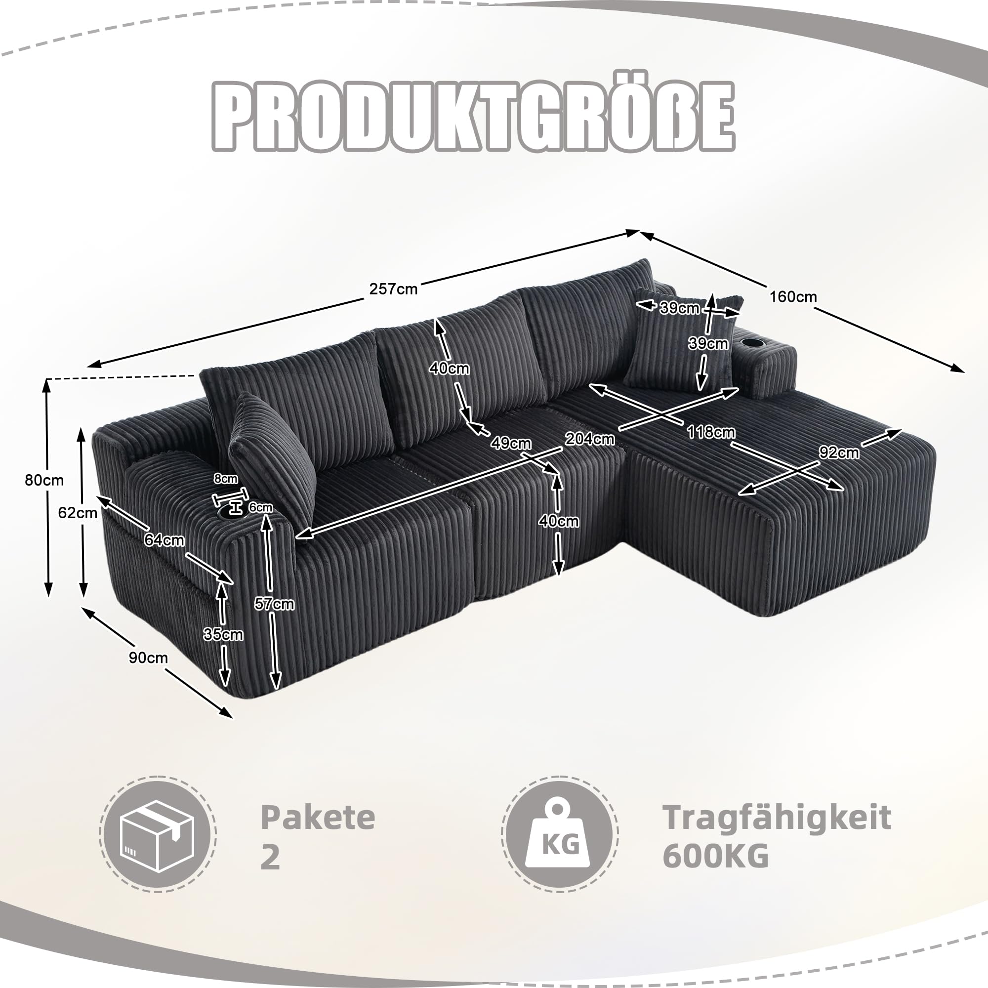 Ball & Cast L-förmiges Eckcouch mit Schlaffunktion, 3-Sitzer Sofa mit 2 Getränkehalter aus Cordbezug für das Wohnzimmer Wohnung Studio, 257 x 62 x 160 (BxHxT), Grau