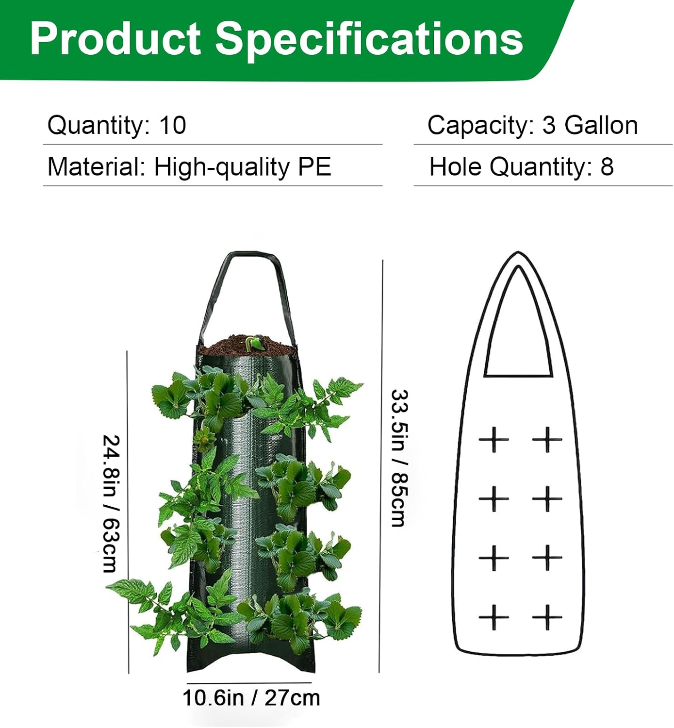 Upside Down Strawberries Grow Bags,10 Pack Garden Hanging Strawberry Grow Bag, Hanging Strawberry Planter with Planting Pockets, Hanging Planter for Strawberries,Tomatoes, Chili, Herbs, Vegetables