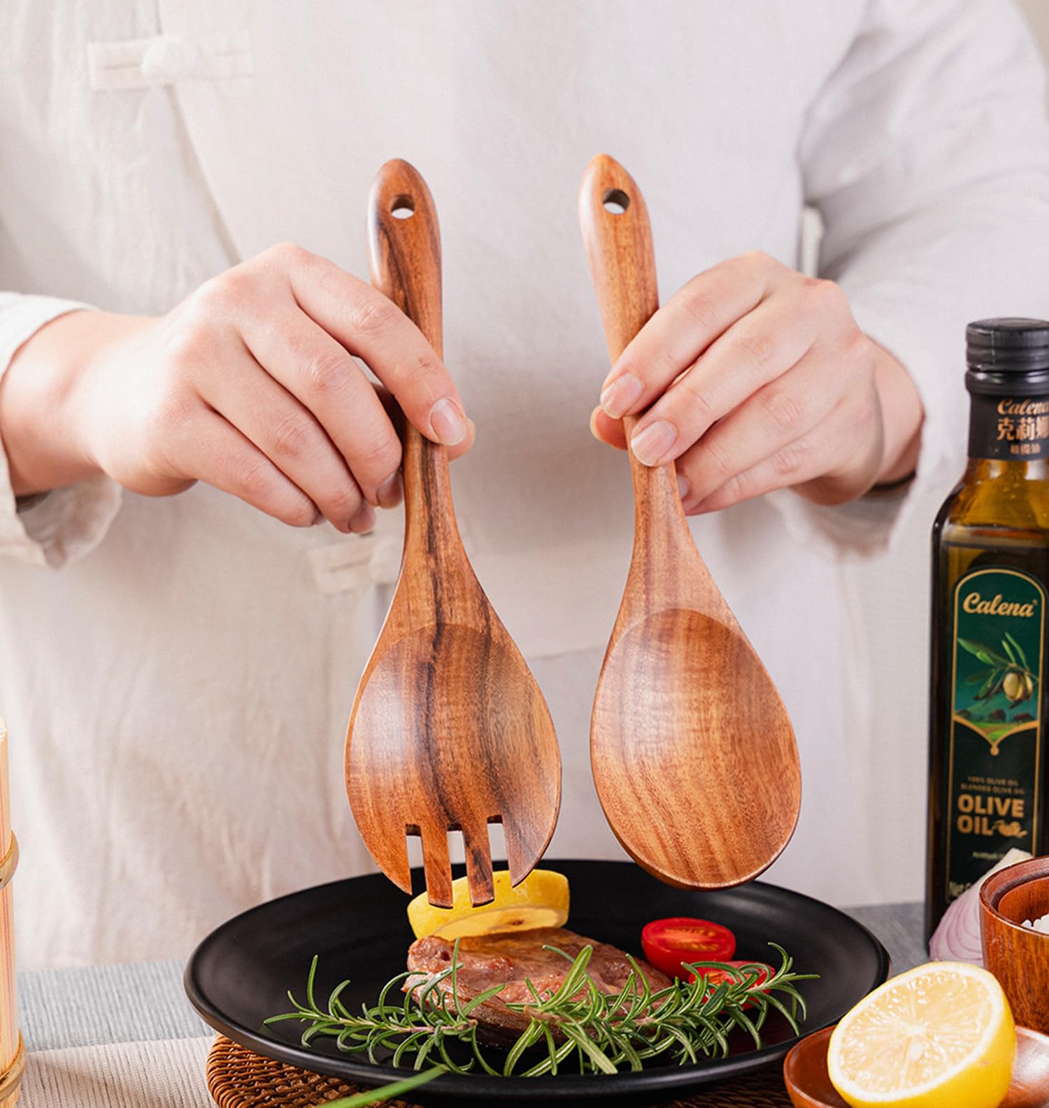 YXE Juego de cuencos de madera para ensalada, 24 x 7 cm, cuenco grande de madera de acacia con cuchara de ensalada y tenedor para mezclar frutas, cereales, pasta, pasta (juego de 3 cuencos grandes
